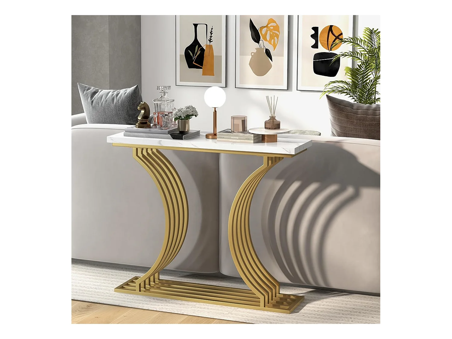 Consoletafel van imitatiemarmer 100 cm, instapconsole met modern geometrisch ontwerp, frame van goudkleurig metaal, anti-tipset inbegrepen, 100 x 29,5 x 80,5 cm