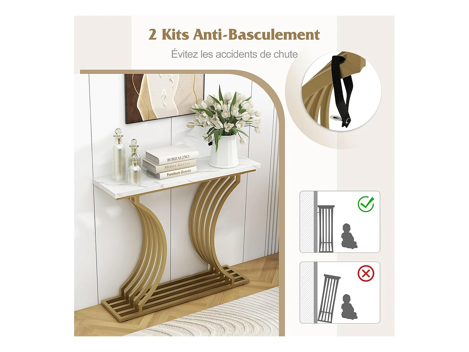 Consoletafel van imitatiemarmer 100 cm, instapconsole met modern geometrisch ontwerp, frame van goudkleurig metaal, anti-tipset inbegrepen, 100 x 29,5 x 80,5 cm