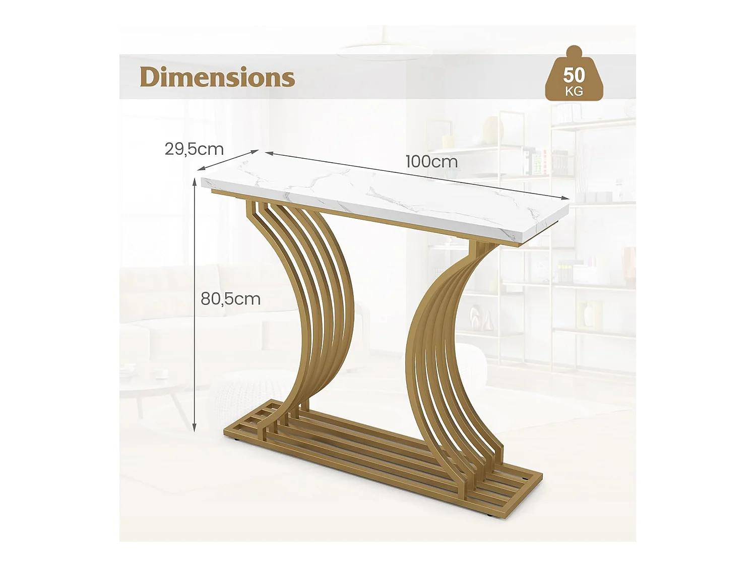 Consoletafel van imitatiemarmer 100 cm, instapconsole met modern geometrisch ontwerp, frame van goudkleurig metaal, anti-tipset inbegrepen, 100 x 29,5 x 80,5 cm