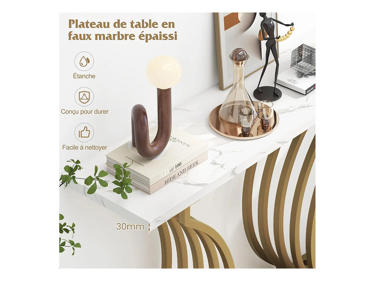 Consoletafel van imitatiemarmer 100 cm, instapconsole met modern geometrisch ontwerp, frame van goudkleurig metaal, anti-tipset inbegrepen, 100 x 29,5 x 80,5 cm