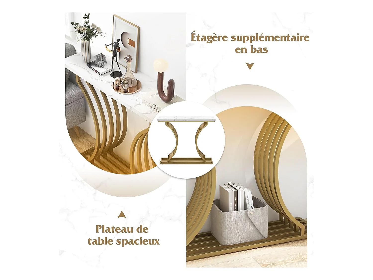 Consoletafel van imitatiemarmer 100 cm, instapconsole met modern geometrisch ontwerp, frame van goudkleurig metaal, anti-tipset inbegrepen, 100 x 29,5 x 80,5 cm