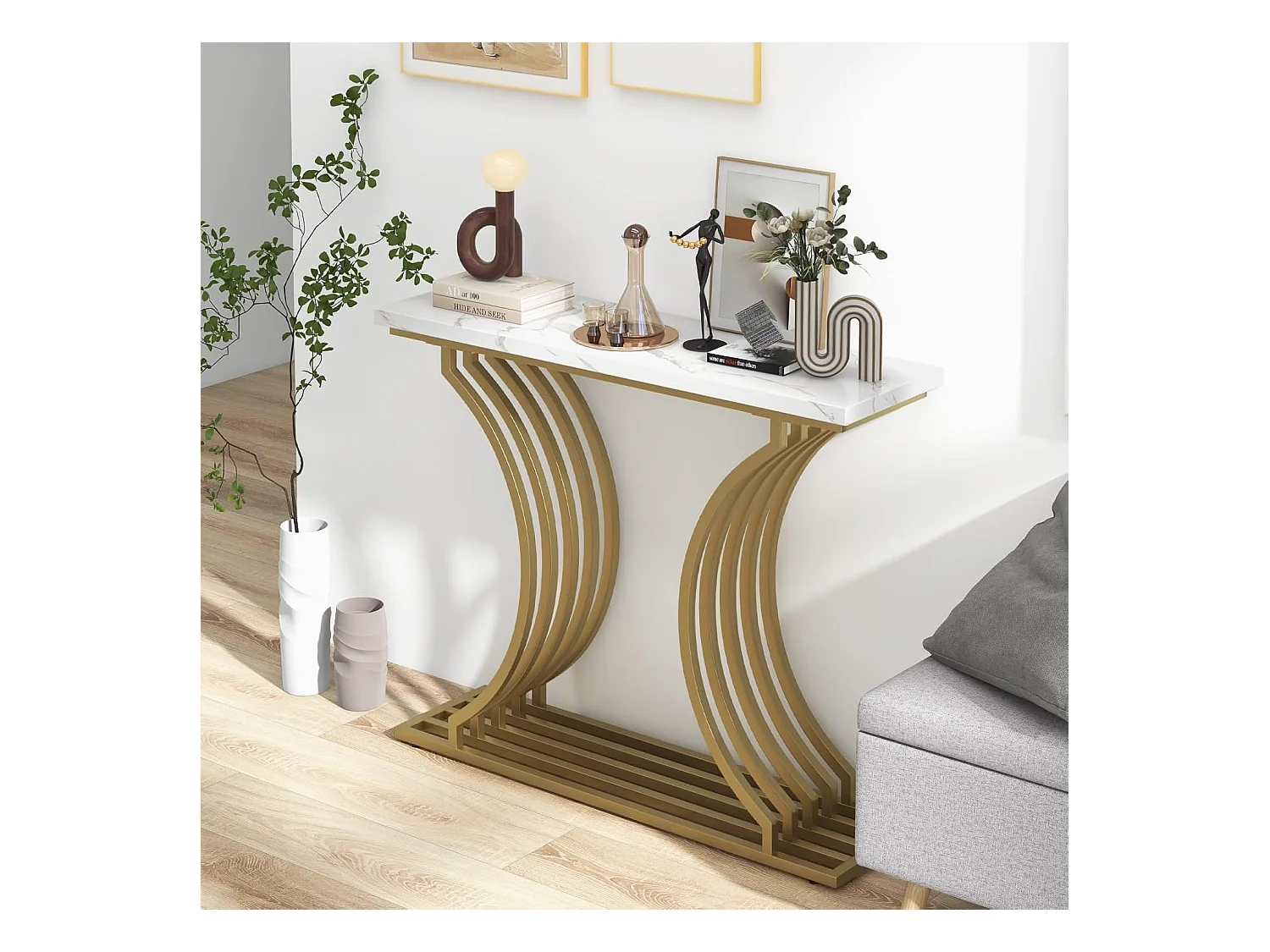 Consoletafel van imitatiemarmer 100 cm, instapconsole met modern geometrisch ontwerp, frame van goudkleurig metaal, anti-tipset inbegrepen, 100 x 29,5 x 80,5 cm
