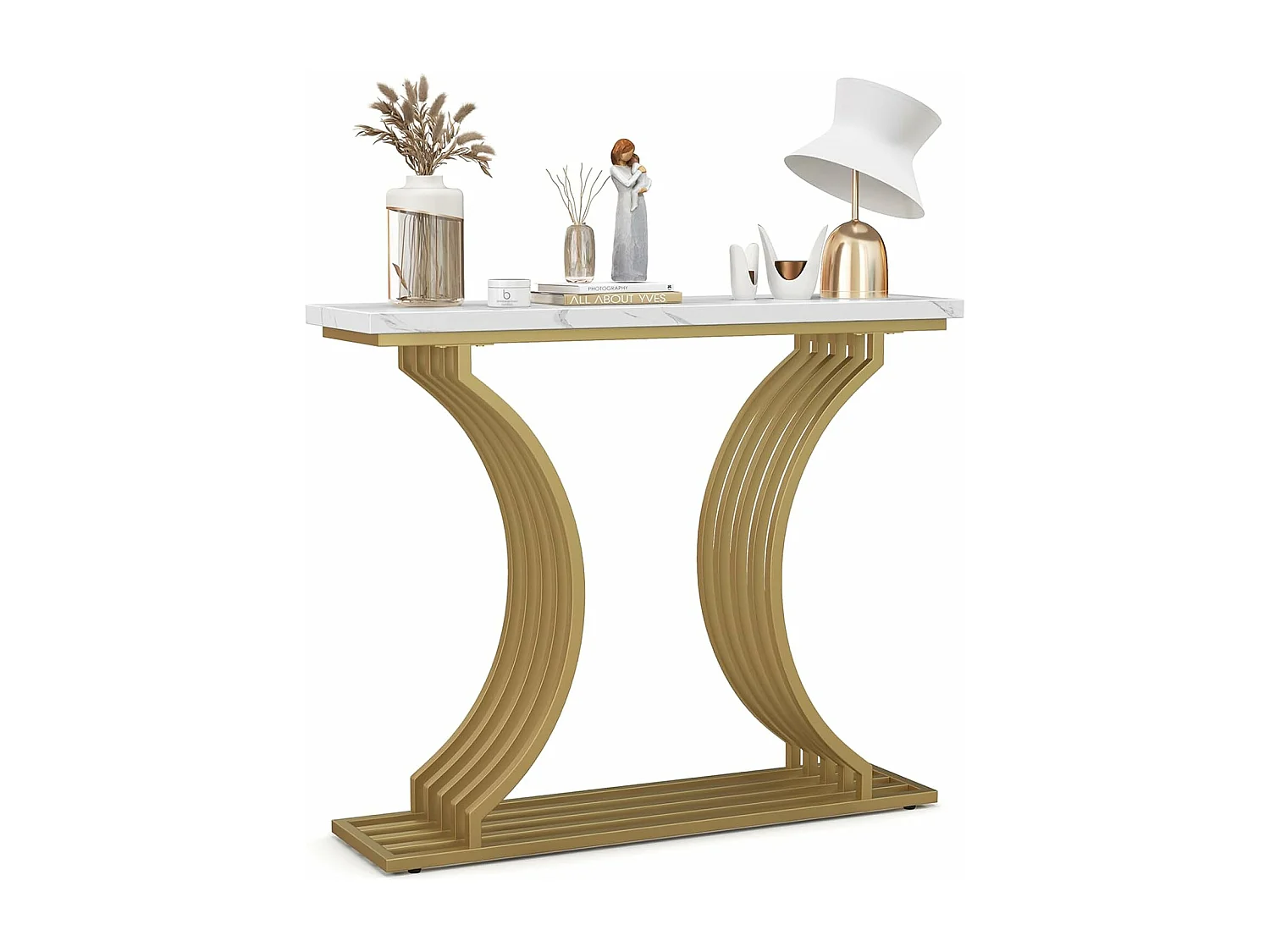 Consoletafel van imitatiemarmer 100 cm, instapconsole met modern geometrisch ontwerp, frame van goudkleurig metaal, anti-tipset inbegrepen, 100 x 29,5 x 80,5 cm