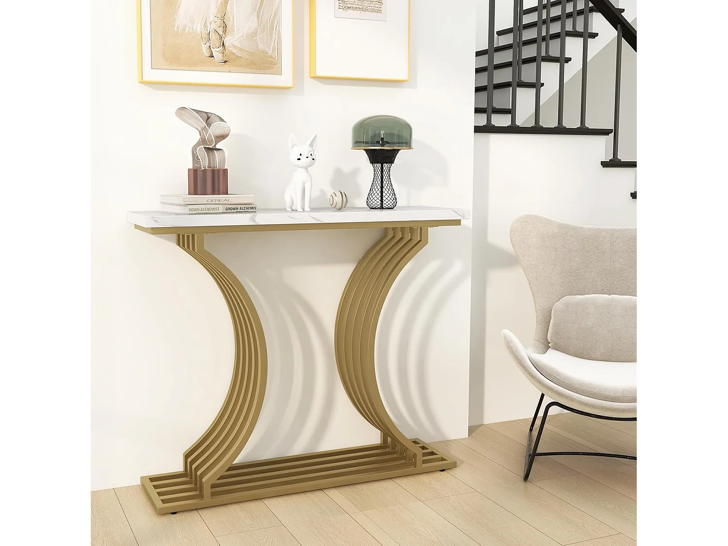Consoletafel van imitatiemarmer 100 cm, instapconsole met modern geometrisch ontwerp, frame van goudkleurig metaal, anti-tipset inbegrepen, 100 x 29,5 x 80,5 cm