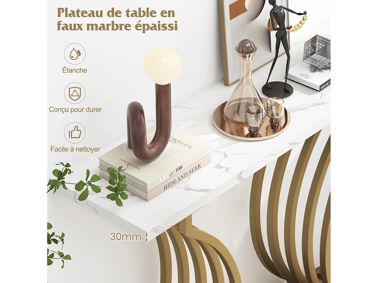 Consoletafel van imitatiemarmer 100 cm, instapconsole met modern geometrisch ontwerp, frame van goudkleurig metaal, anti-tipset inbegrepen, 100 x 29,5 x 80,5 cm