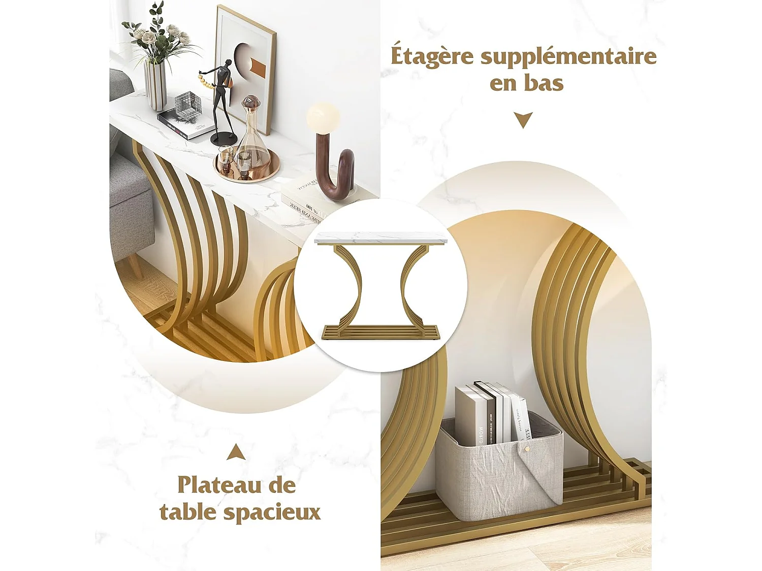 Consoletafel van imitatiemarmer 100 cm, instapconsole met modern geometrisch ontwerp, frame van goudkleurig metaal, anti-tipset inbegrepen, 100 x 29,5 x 80,5 cm