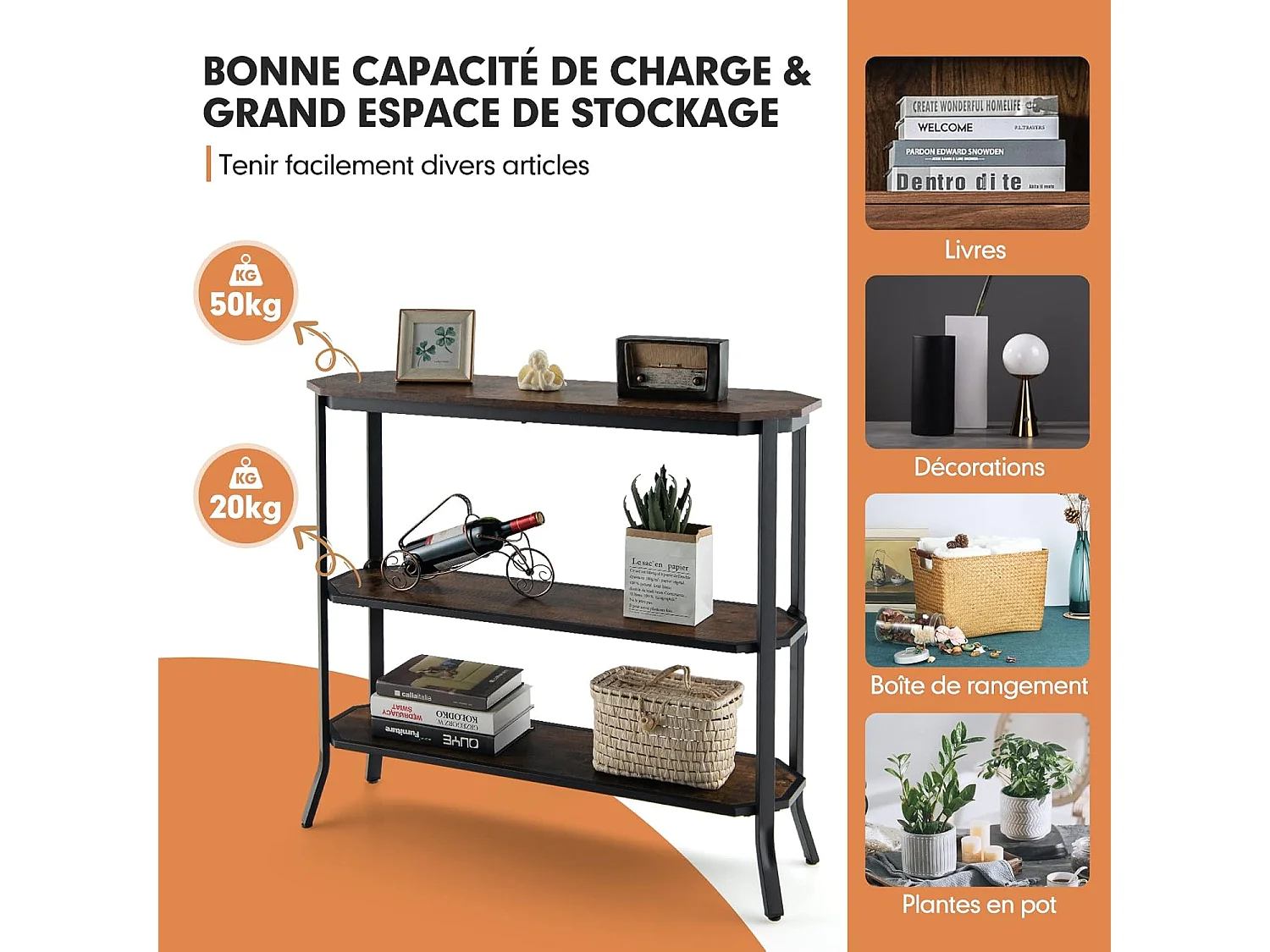 Table console, table d'entrée - 3 étagères - 98x28x91,5 cm (l x l x h) , marron rustique