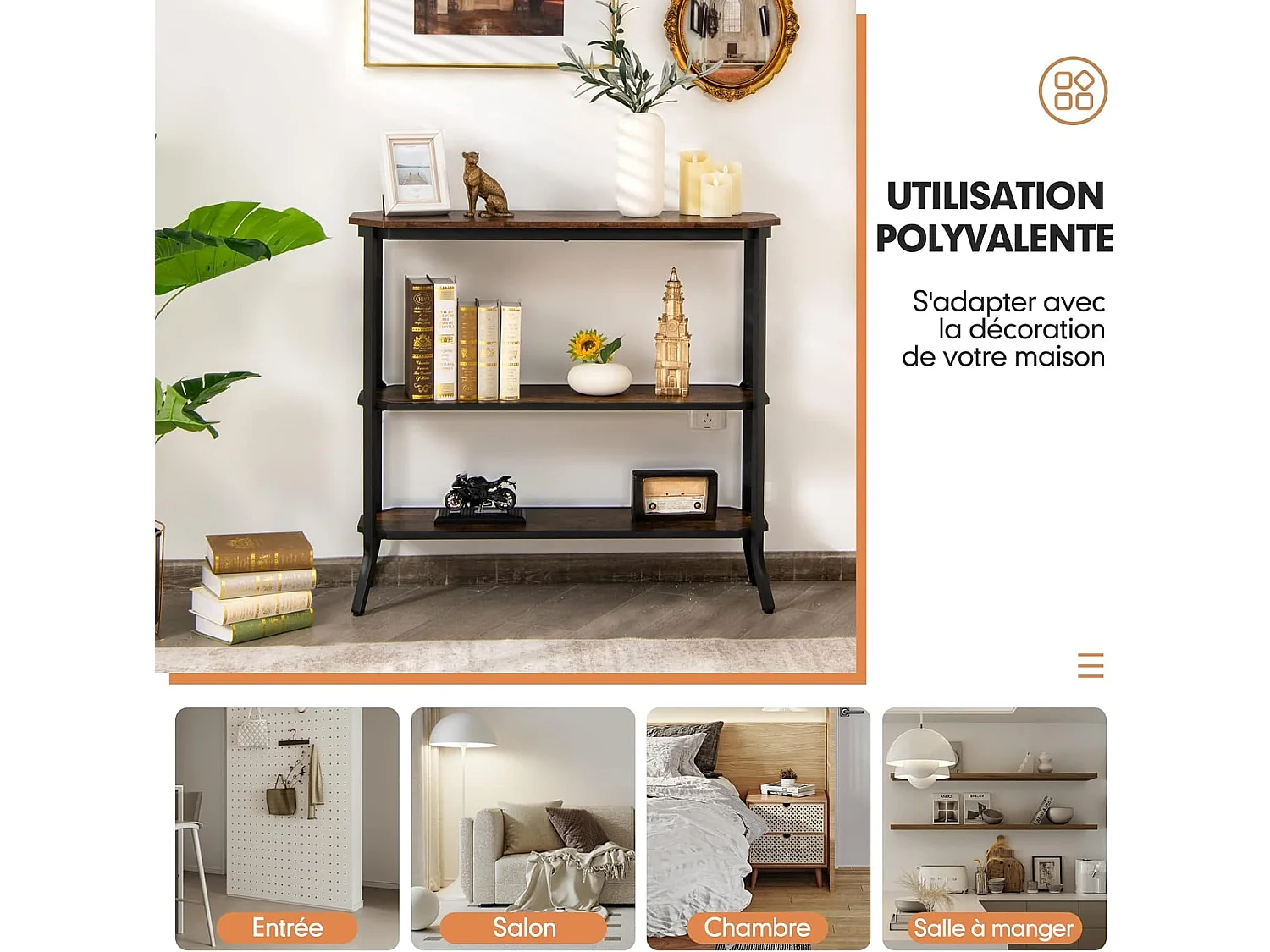 Table console, table d'entrée - 3 étagères - 98x28x91,5 cm (l x l x h) , marron rustique