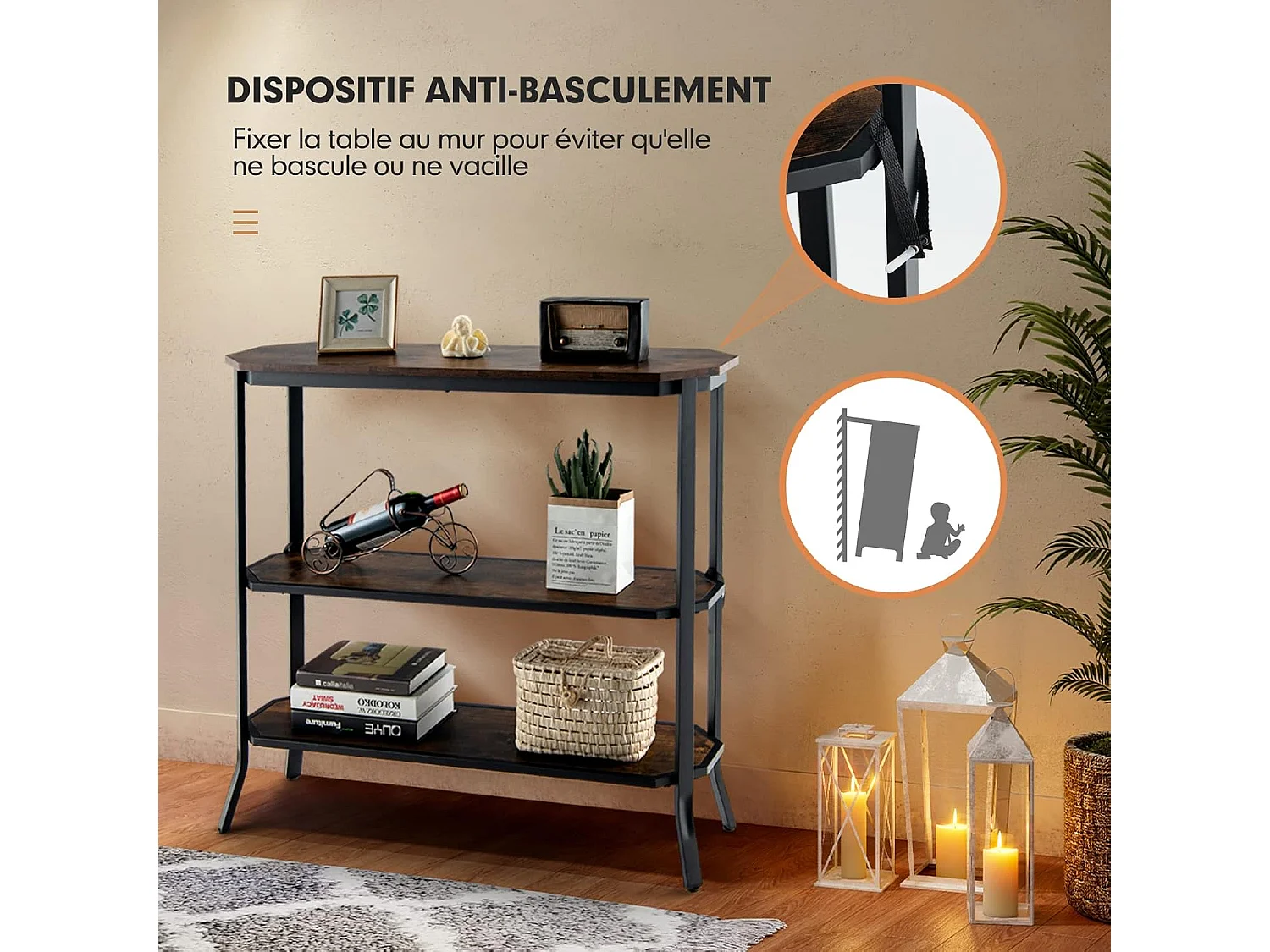 Table console, table d'entrée - 3 étagères - 98x28x91,5 cm (l x l x h) , marron rustique