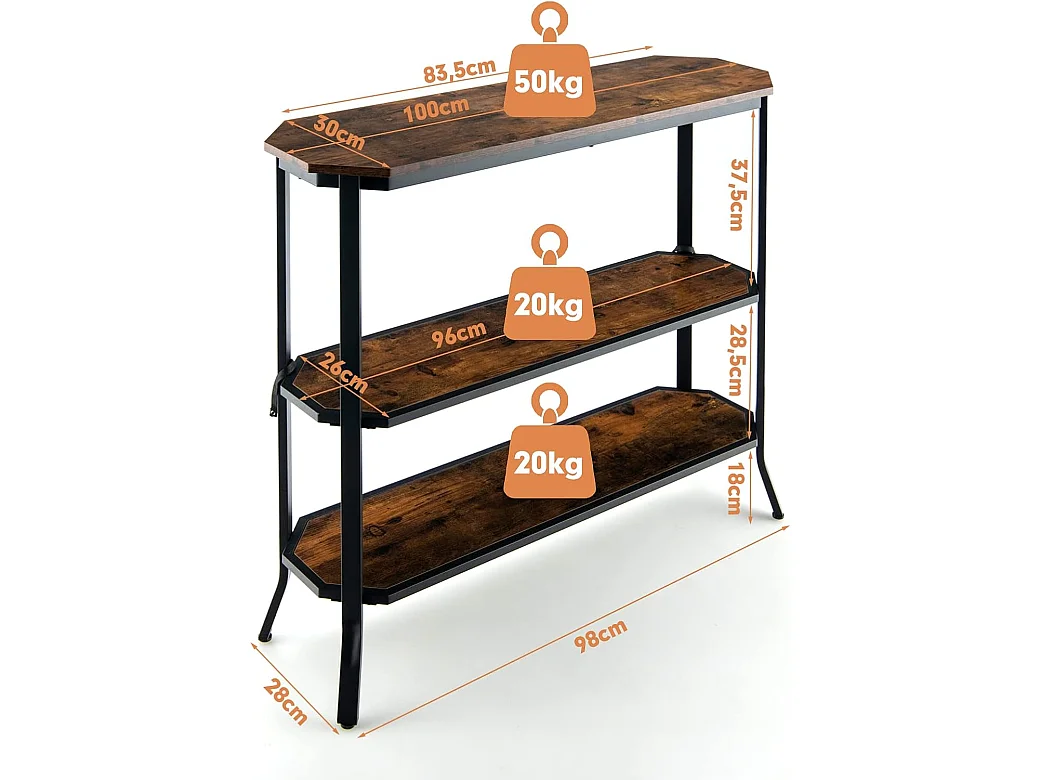Table console, table d'entrée - 3 étagères - 98x28x91,5 cm (l x l x h) , marron rustique