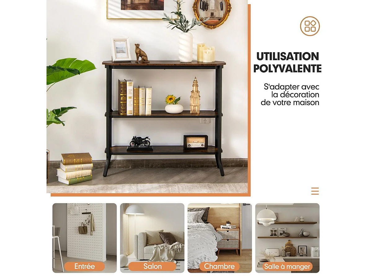 Table console, table d'entrée - 3 étagères - 98x28x91,5 cm (l x l x h) , marron rustique