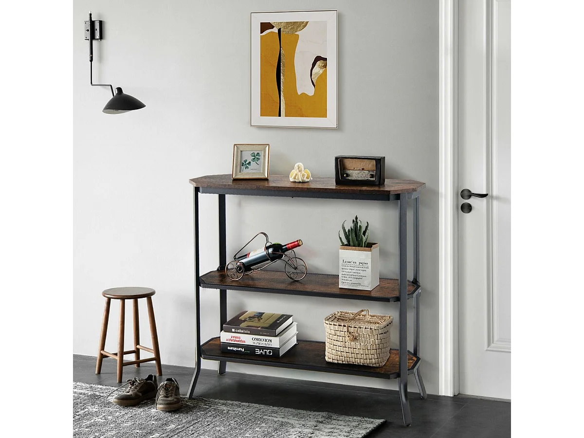Table console, table d'entrée - 3 étagères - 98x28x91,5 cm (l x l x h) , marron rustique