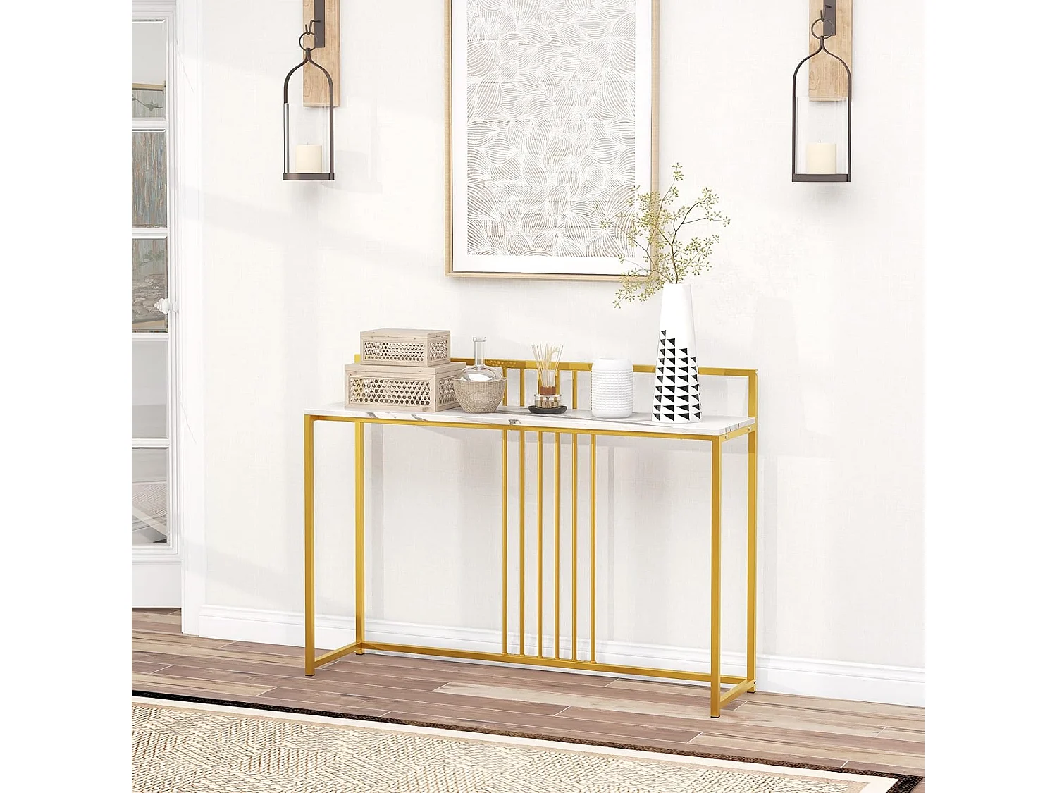 Table console, cadre en métal doré, kit anti-basculement inclus, 120 x 32 x 89 cm (doré)