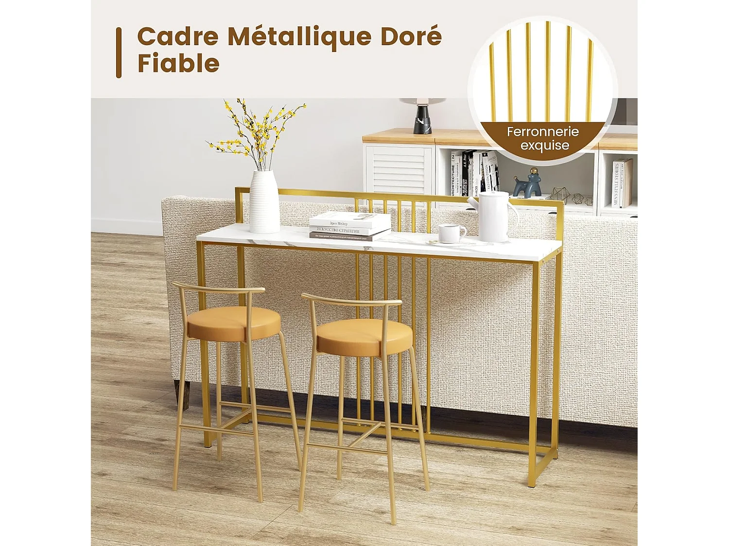 Table console, cadre en métal doré, kit anti-basculement inclus, 120 x 32 x 89 cm (doré)
