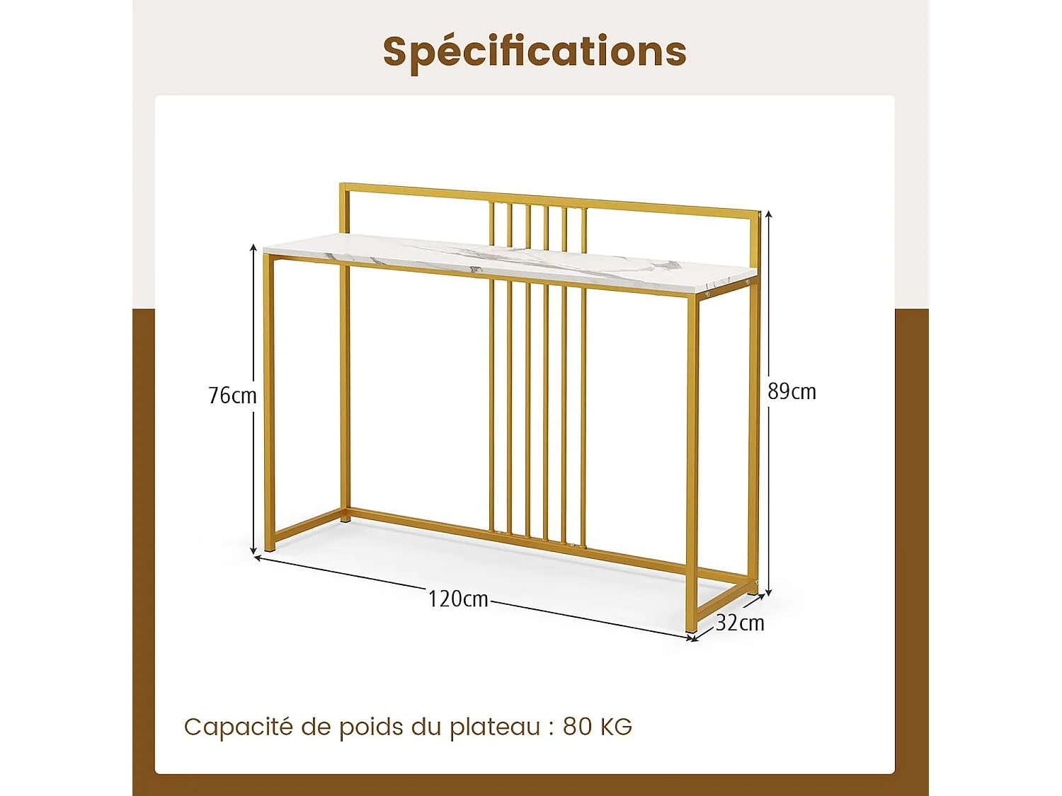 Table console, cadre en métal doré, kit anti-basculement inclus, 120 x 32 x 89 cm (doré)