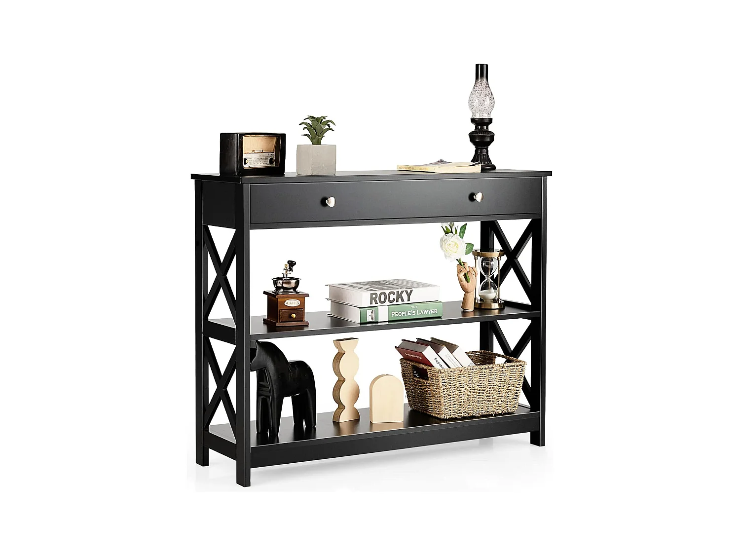 Table console à 3 niveaux, 1 tiroir et 2 étagères, cadre en x, 100x30x80cm noir