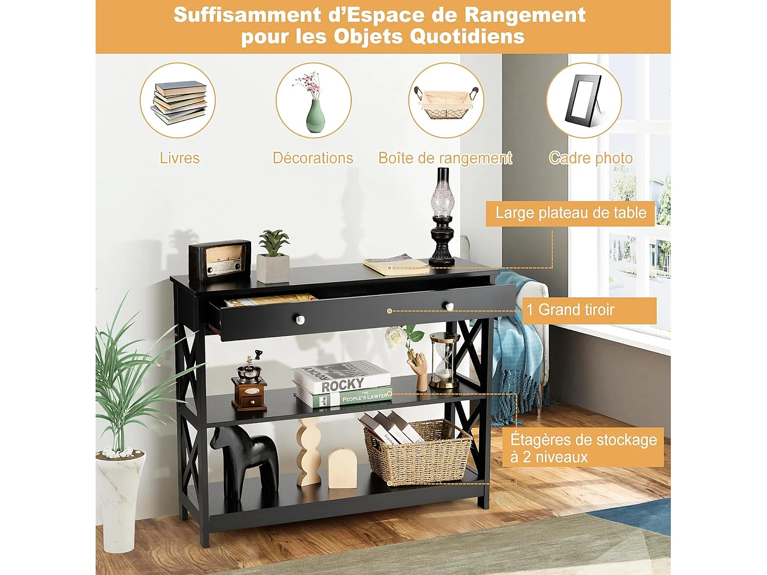 Table console à 3 niveaux, 1 tiroir et 2 étagères, cadre en x, 100x30x80cm noir