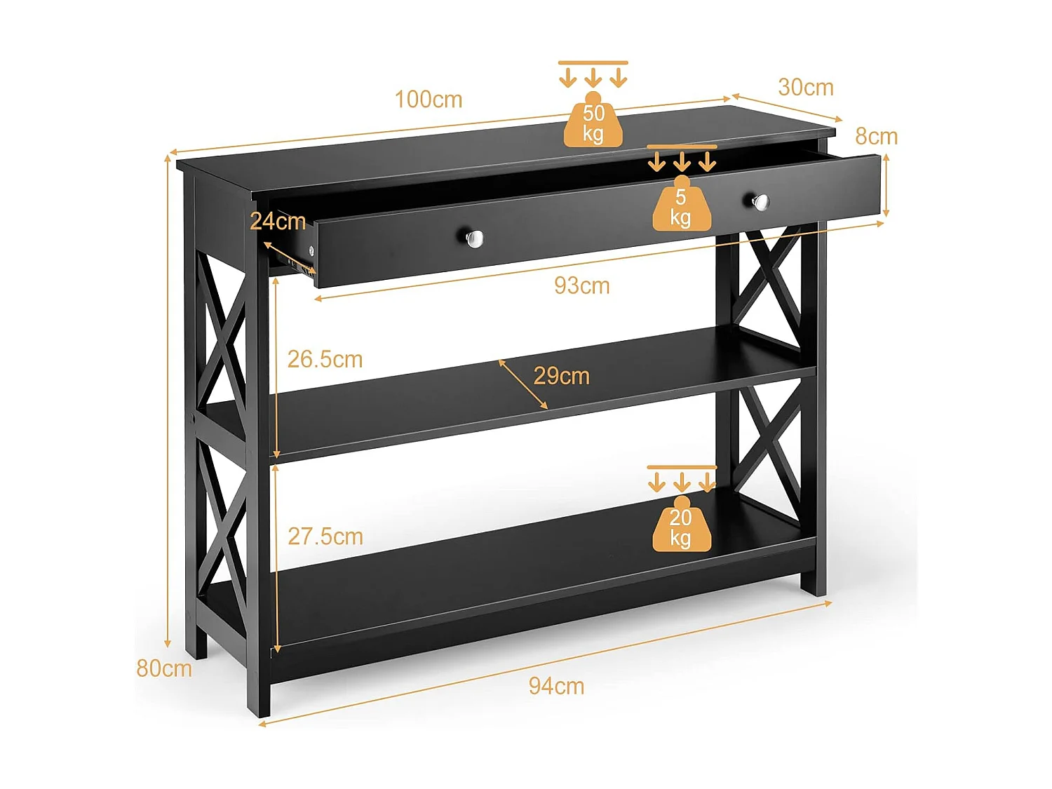 Table console à 3 niveaux, 1 tiroir et 2 étagères, cadre en x, 100x30x80cm noir
