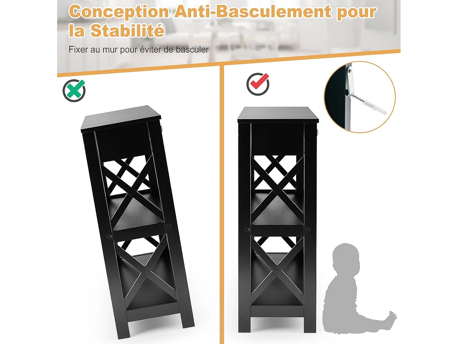 Table console à 3 niveaux, 1 tiroir et 2 étagères, cadre en x, 100x30x80cm noir