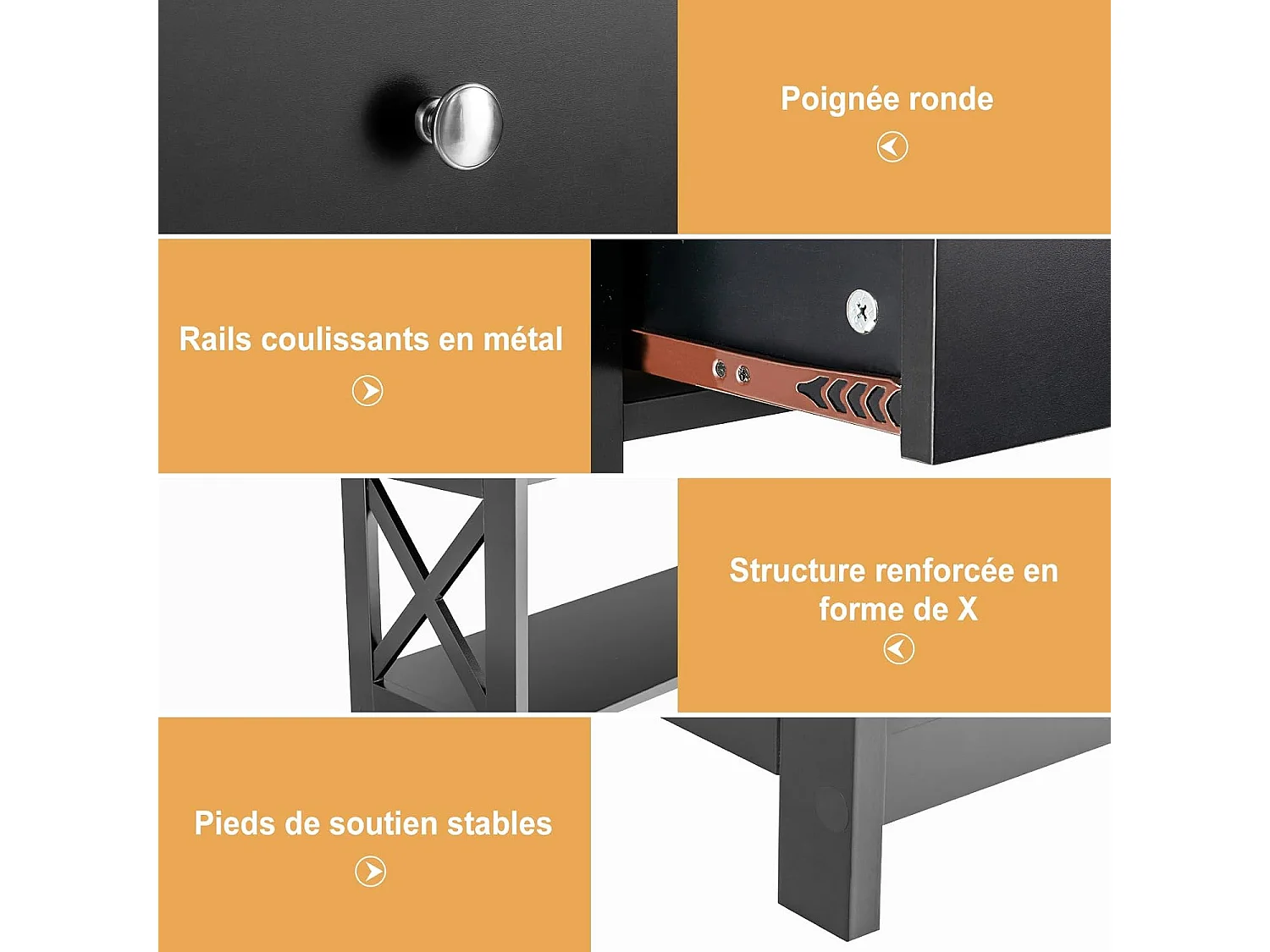 Table console à 3 niveaux, 1 tiroir et 2 étagères, cadre en x, 100x30x80cm noir