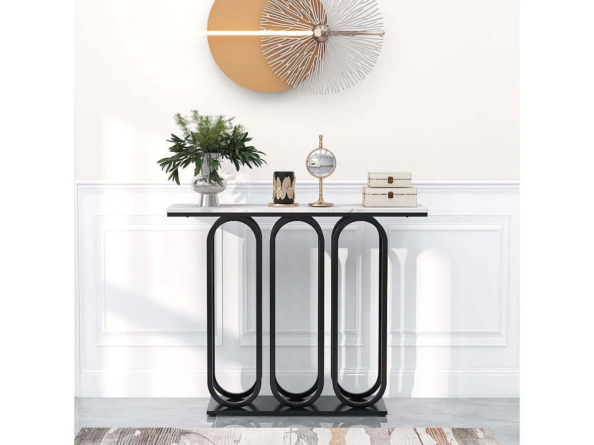 Table console, en faux marbre, design ovale moderne, cadre en métal noir 100 x 30 x 80 cm