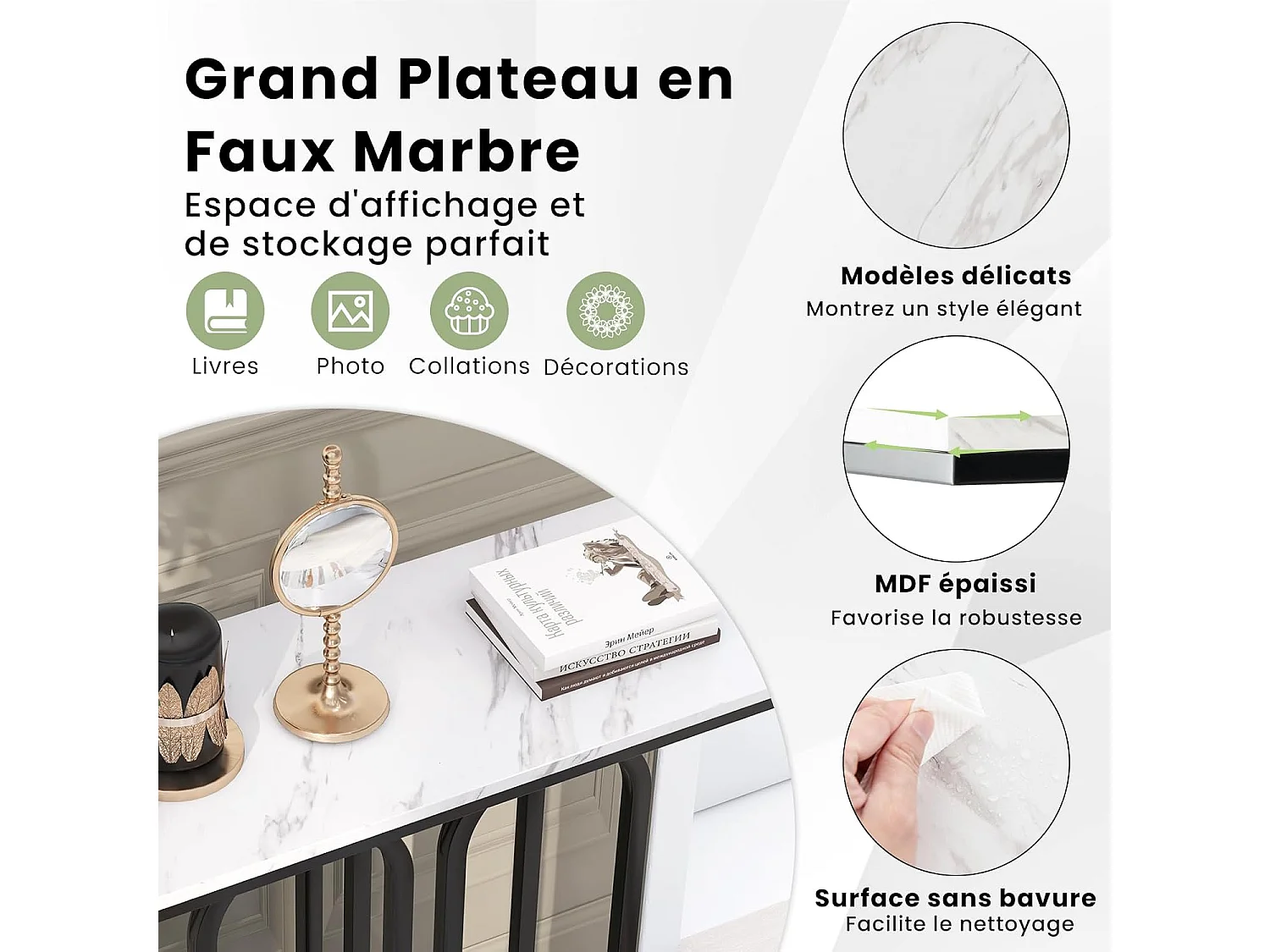 Table console, en faux marbre, design ovale moderne, cadre en métal noir 100 x 30 x 80 cm