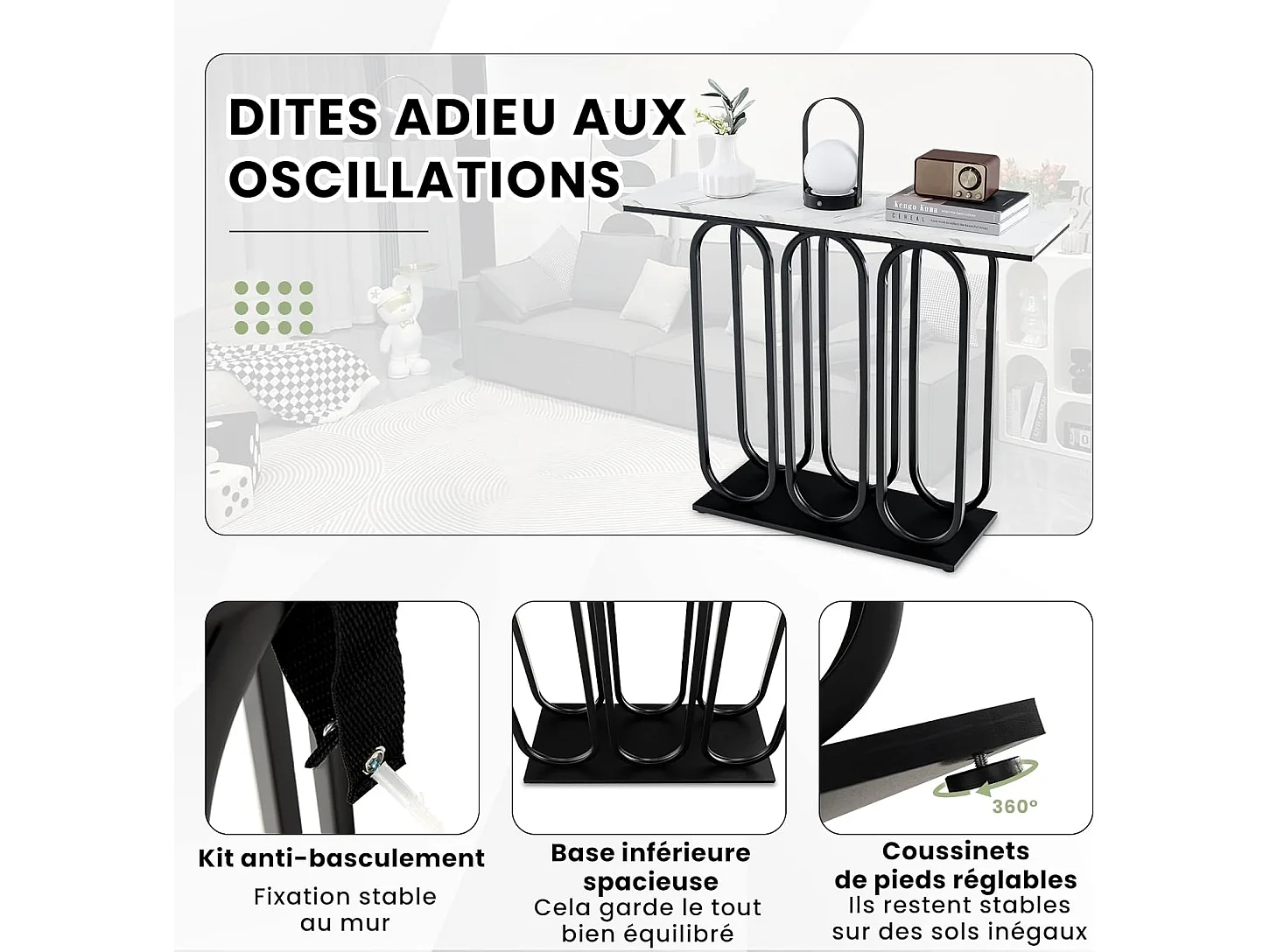 Table console, en faux marbre, design ovale moderne, cadre en métal noir 100 x 30 x 80 cm