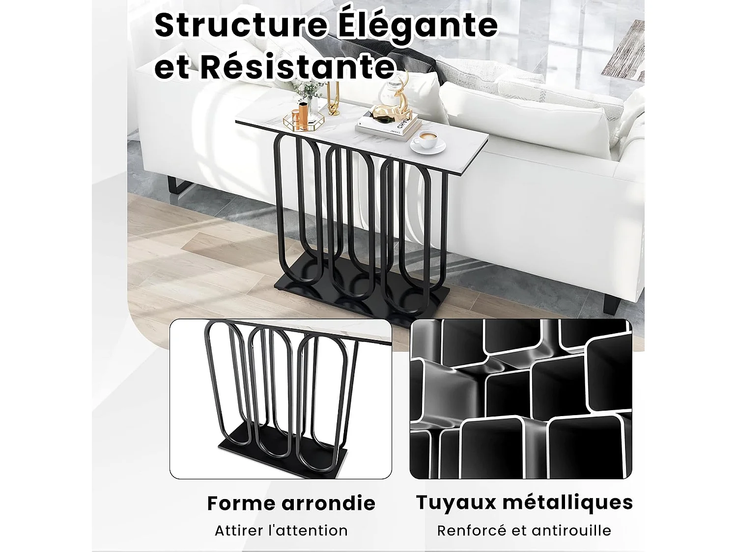 Table console, en faux marbre, design ovale moderne, cadre en métal noir 100 x 30 x 80 cm