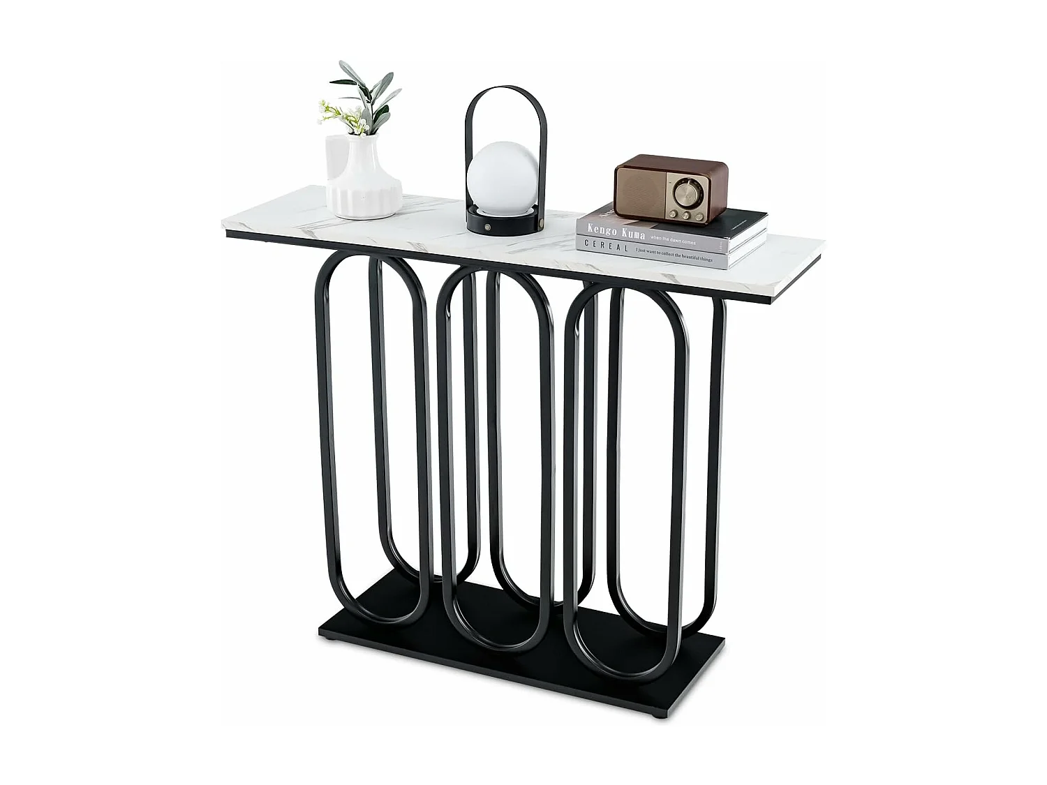 Table console, en faux marbre, design ovale moderne, cadre en métal noir 100 x 30 x 80 cm