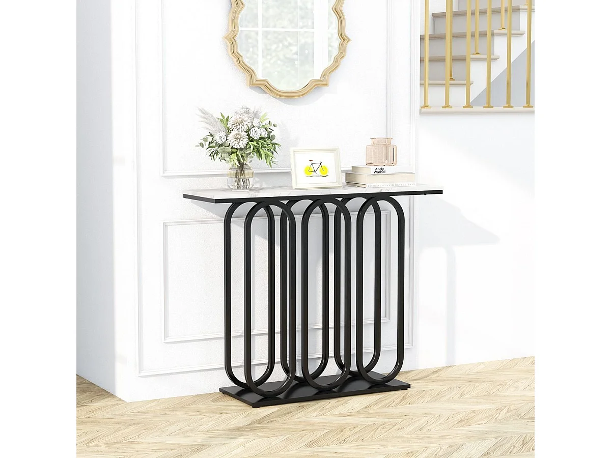 Table console, en faux marbre, design ovale moderne, cadre en métal noir 100 x 30 x 80 cm