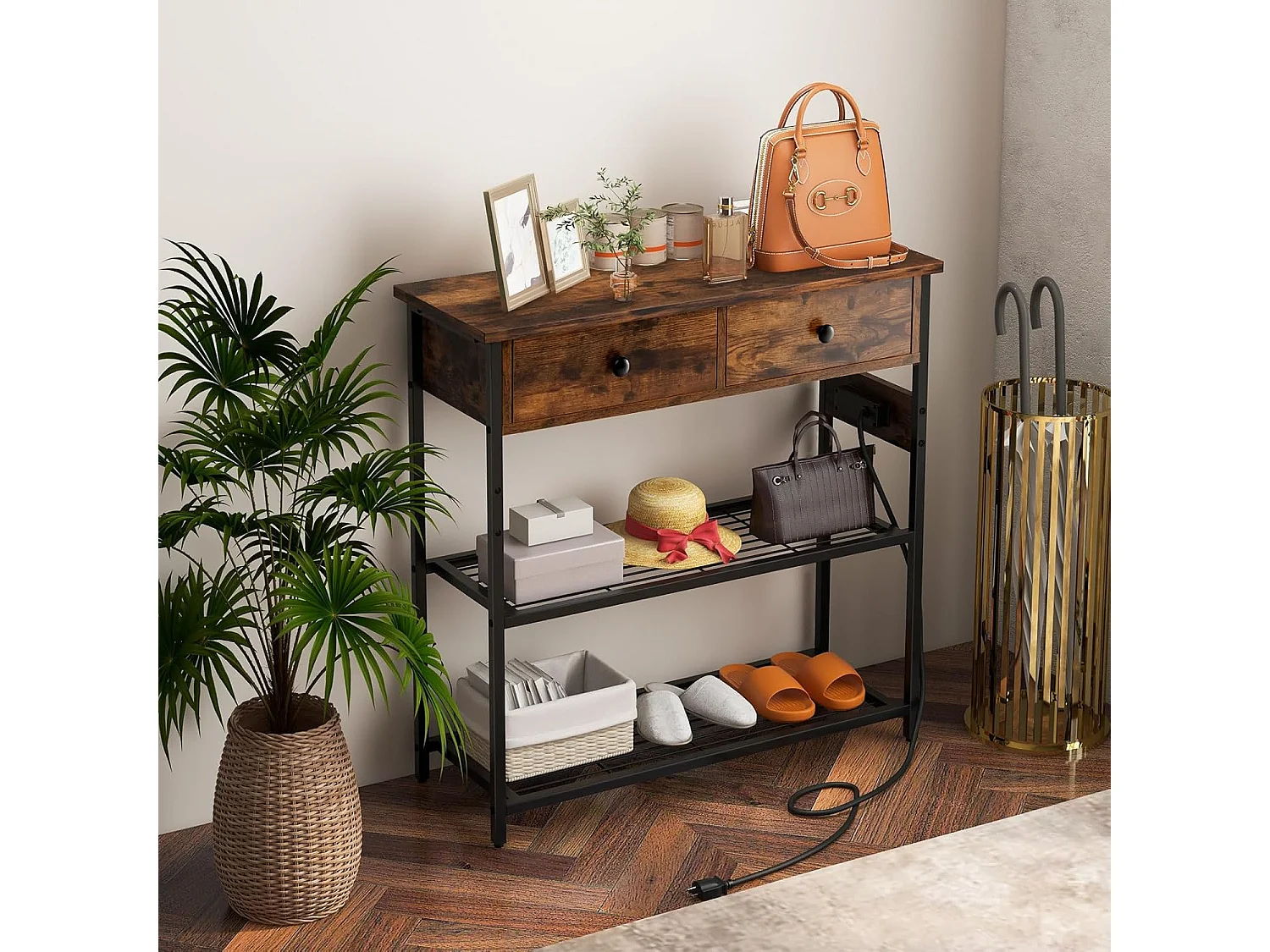 Table console 2 tiroir, console entrée 2 prises & 2 usb, marron rustique, 81 x 30 x 81 cm