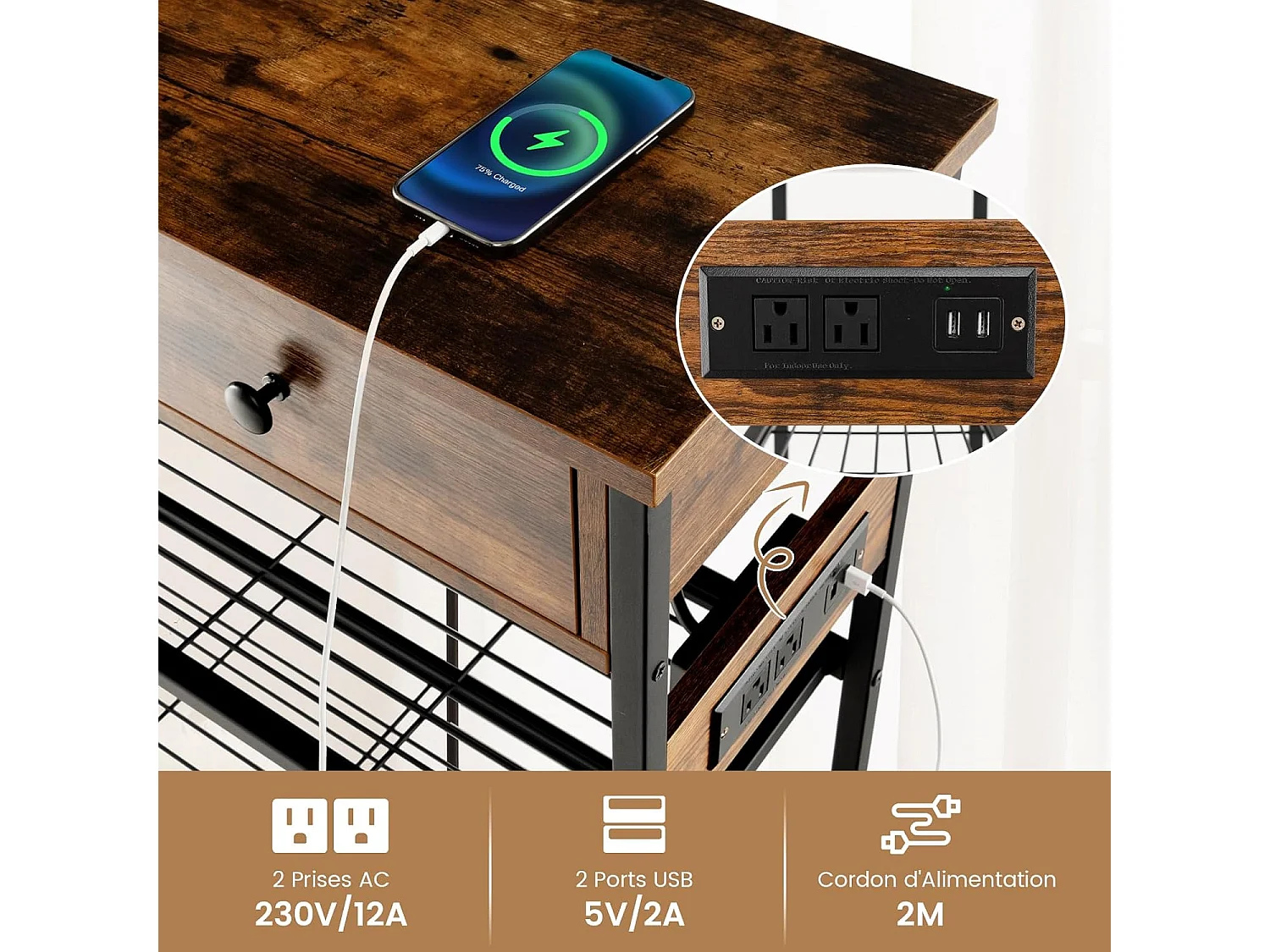 Table console 2 tiroir, console entrée 2 prises & 2 usb, marron rustique, 81 x 30 x 81 cm