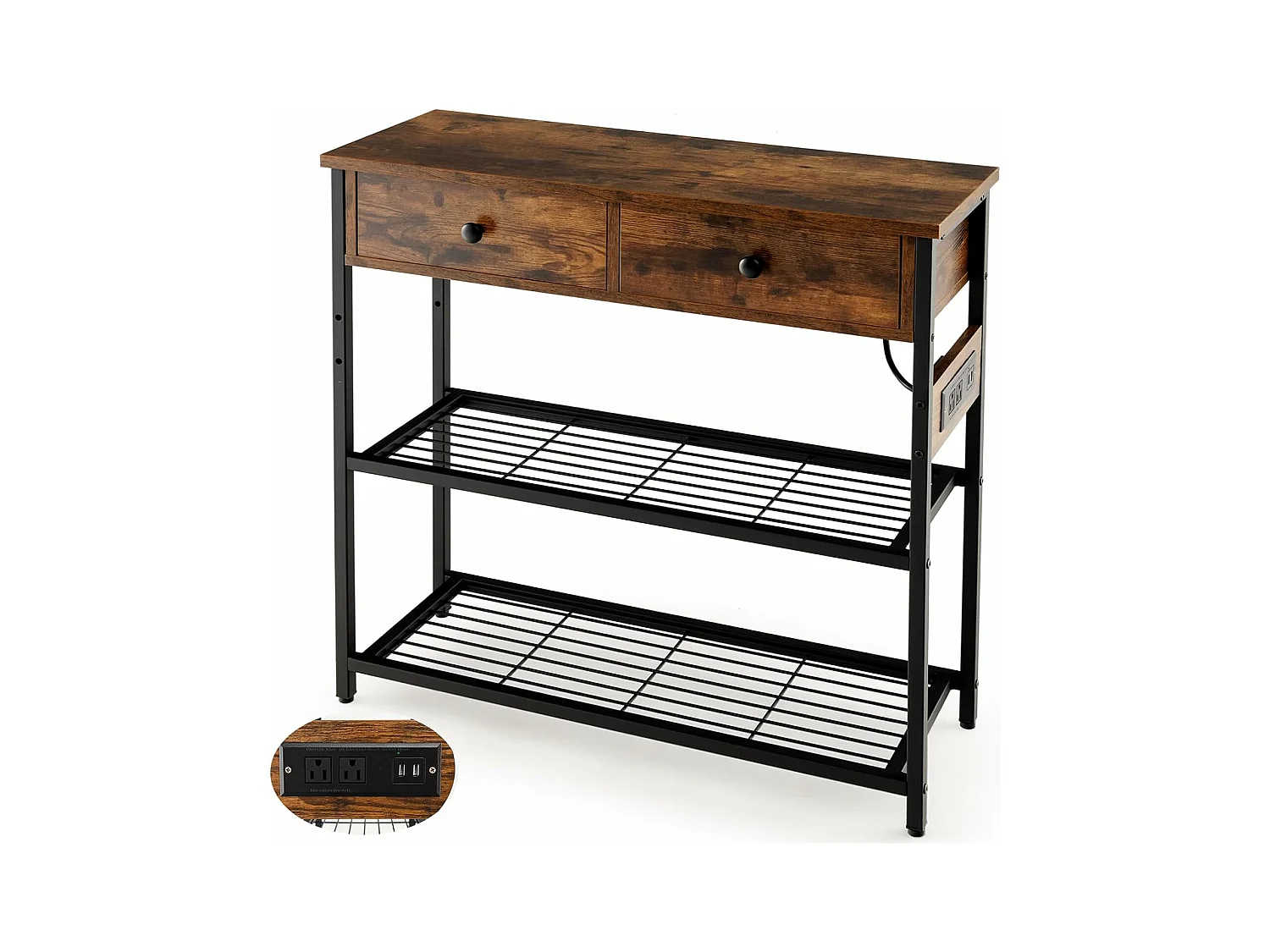 Table console 2 tiroir, console entrée 2 prises & 2 usb, marron rustique, 81 x 30 x 81 cm