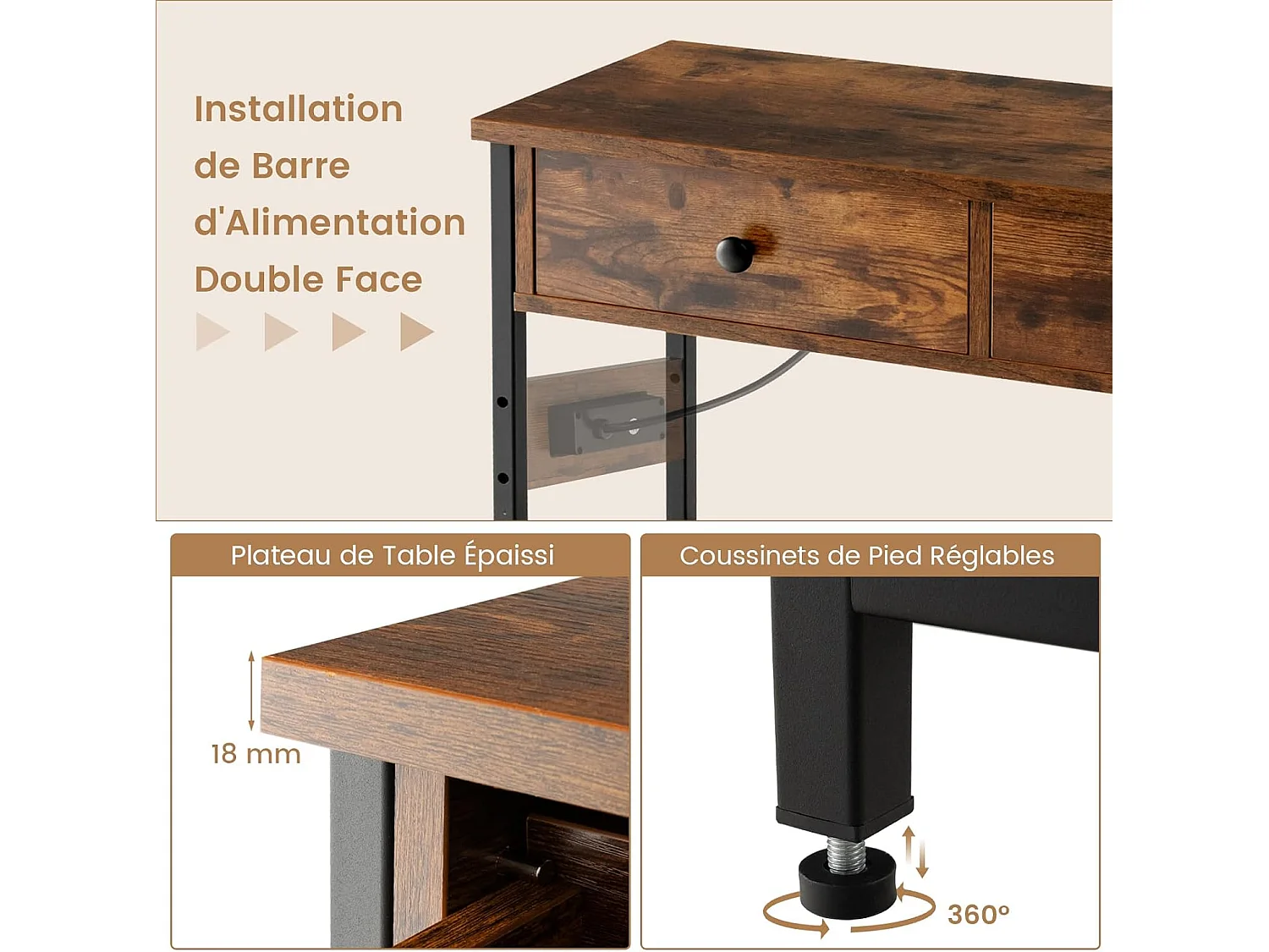 Table console 2 tiroir, console entrée 2 prises & 2 usb, marron rustique, 81 x 30 x 81 cm