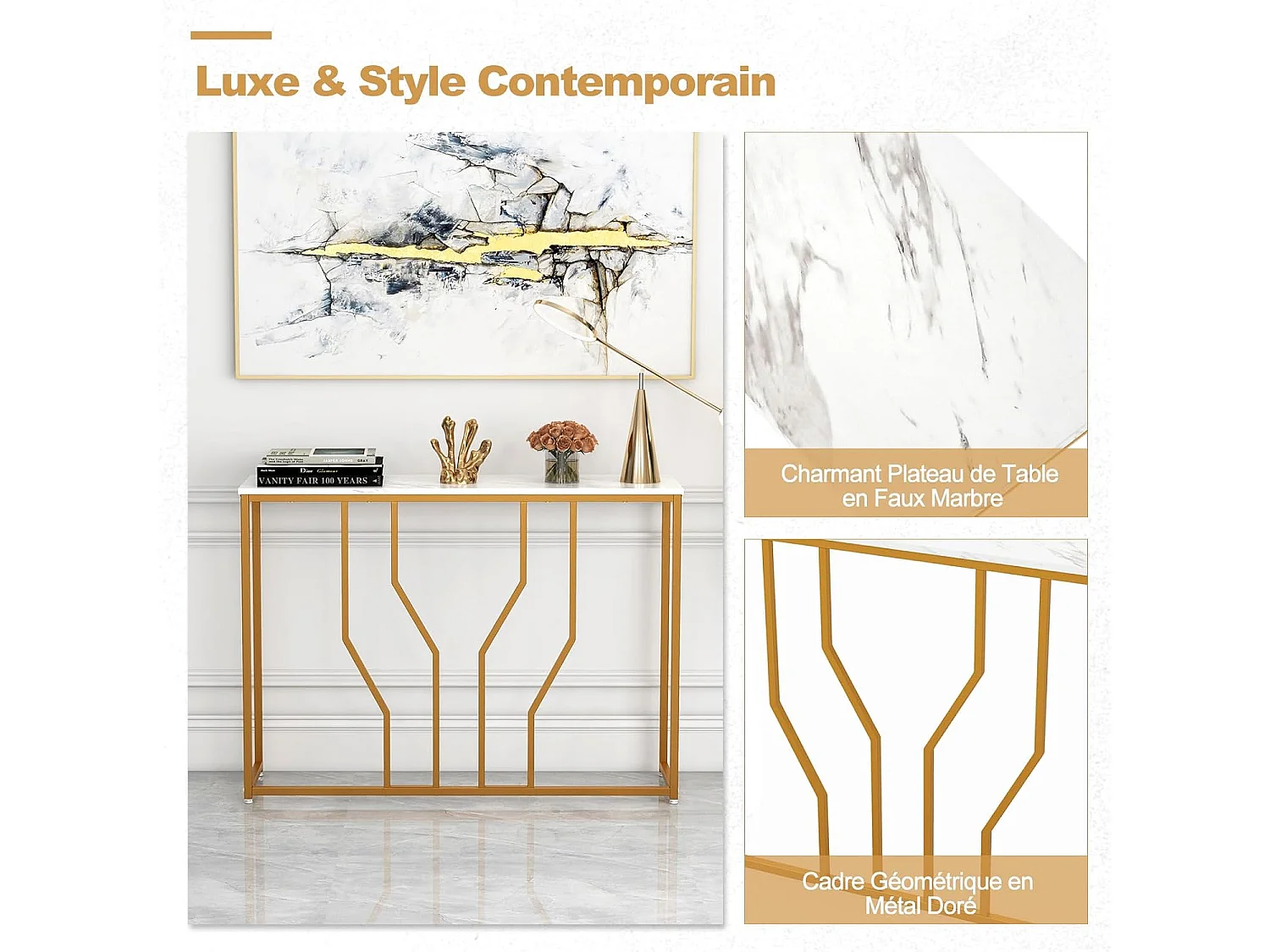 Table console, en faux marbre, design géométrique moderne, 110 x 30 x 80 cm