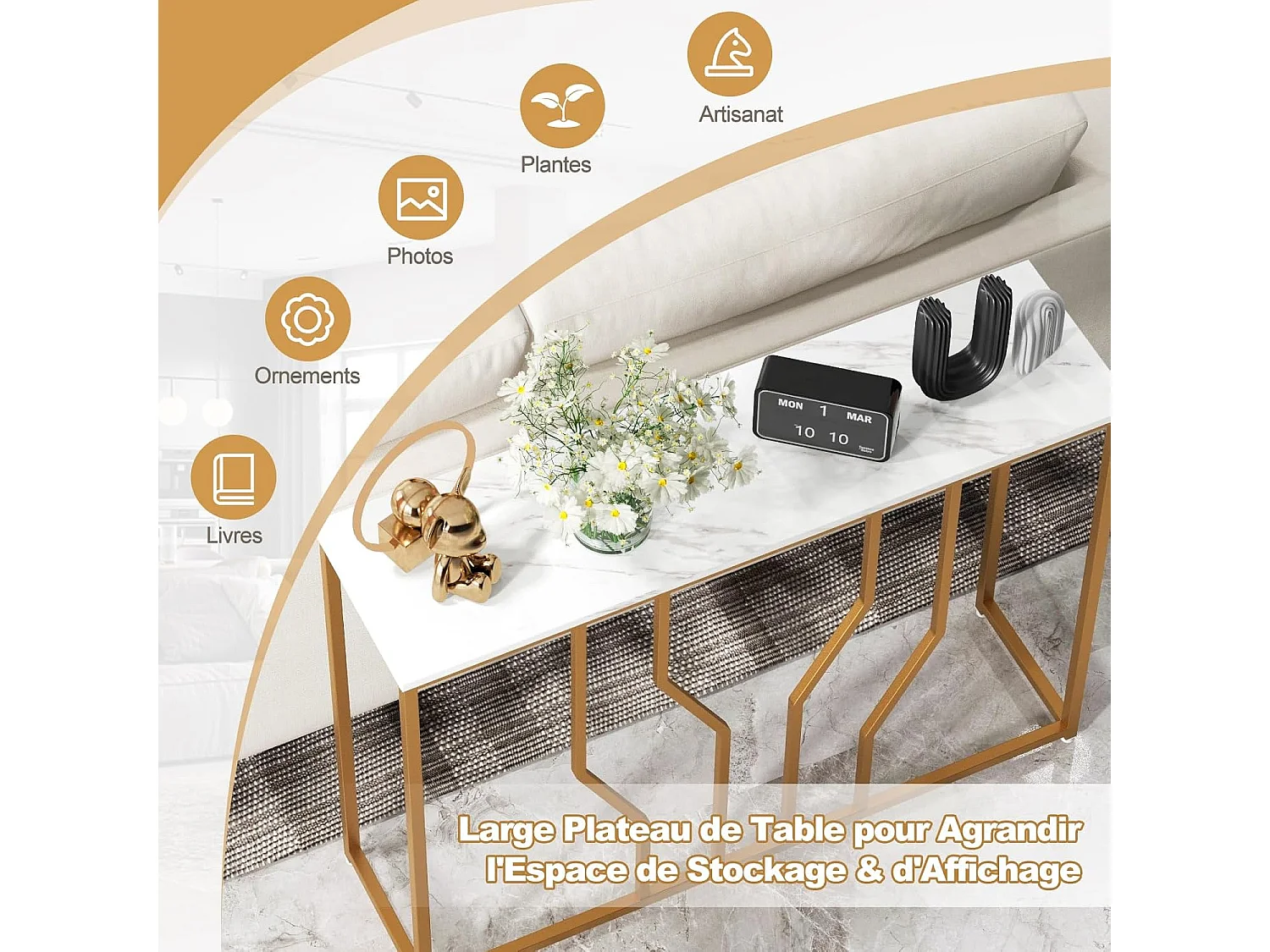 Table console, en faux marbre, design géométrique moderne, 110 x 30 x 80 cm