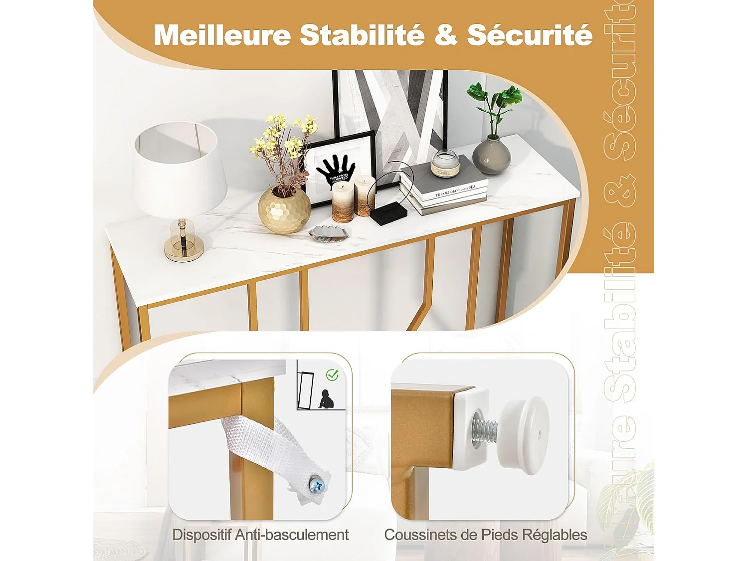 Table console, en faux marbre, design géométrique moderne, 110 x 30 x 80 cm