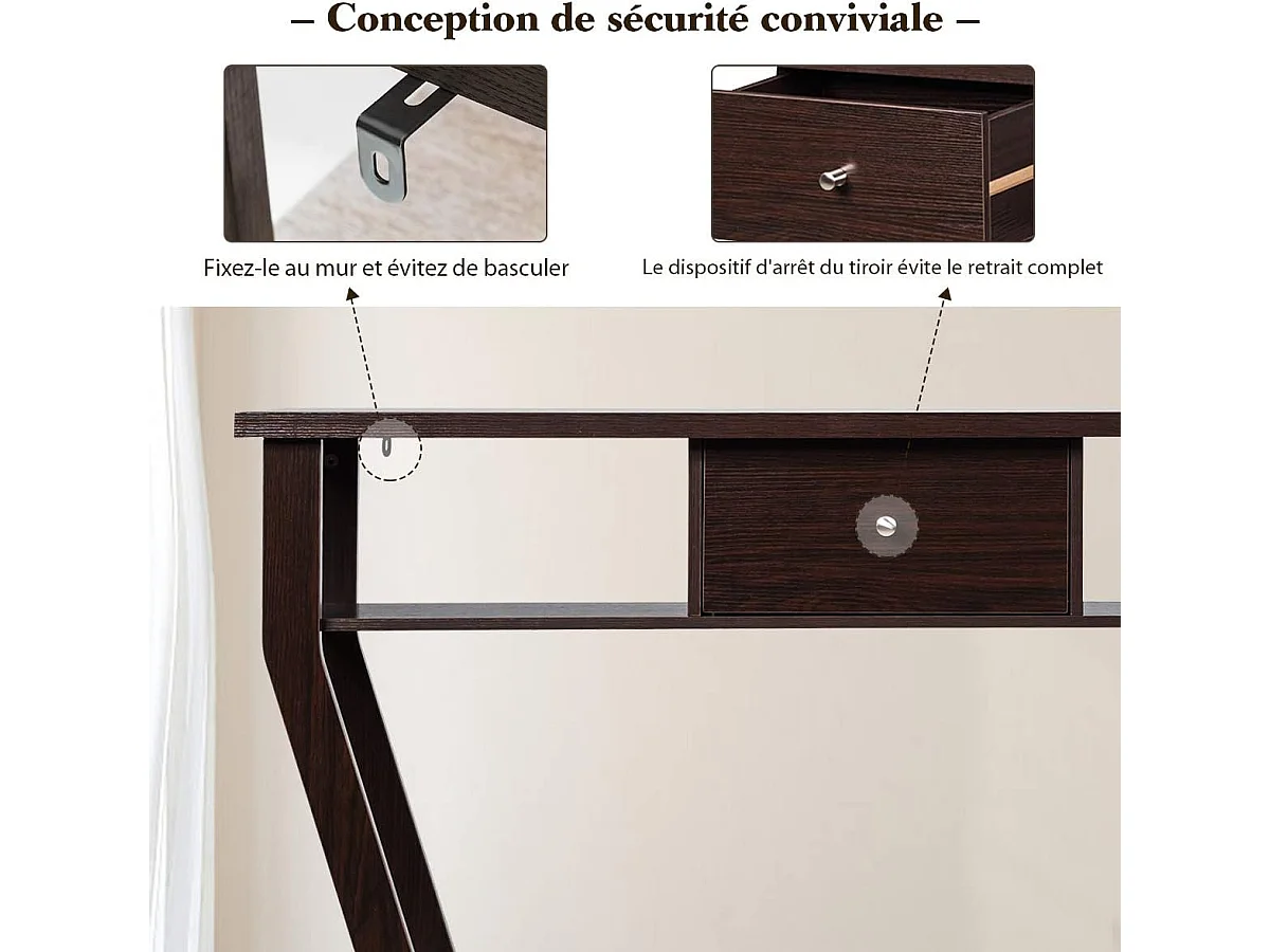 Table console en mdf avec un tiroir et 3 compartiments, 120x30x81cm marron