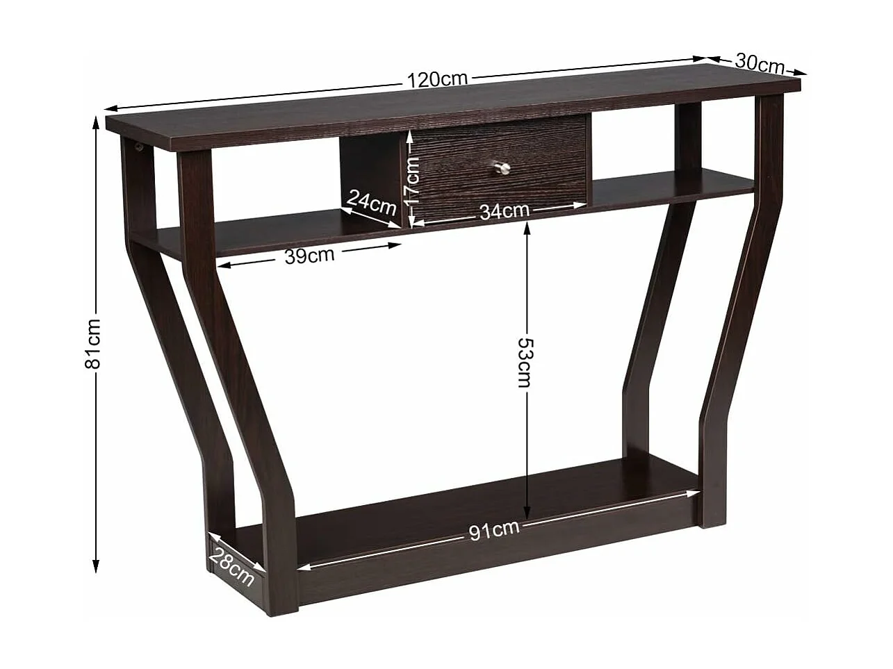 Table console en mdf avec un tiroir et 3 compartiments, 120x30x81cm marron