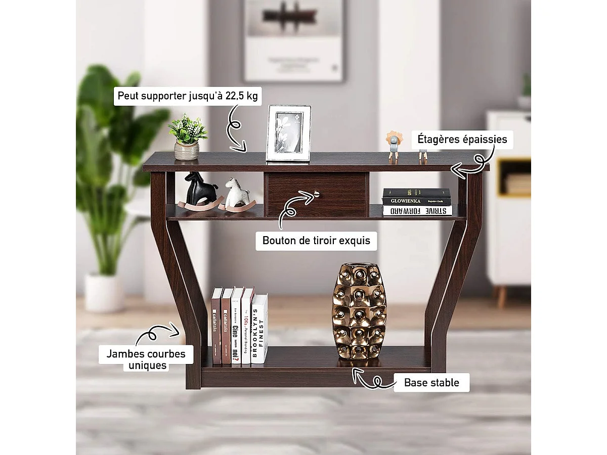 Table console en mdf avec un tiroir et 3 compartiments, 120x30x81cm marron