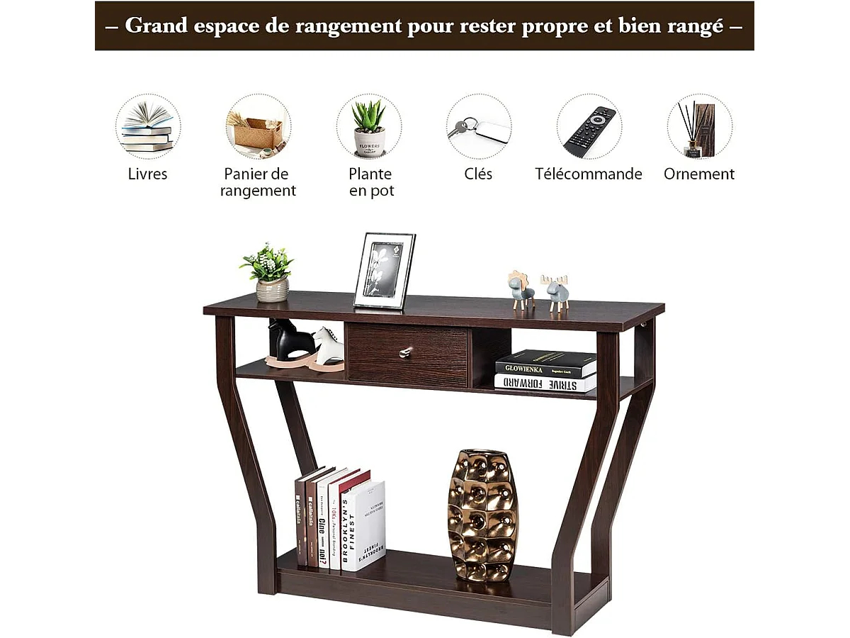 Table console en mdf avec un tiroir et 3 compartiments, 120x30x81cm marron
