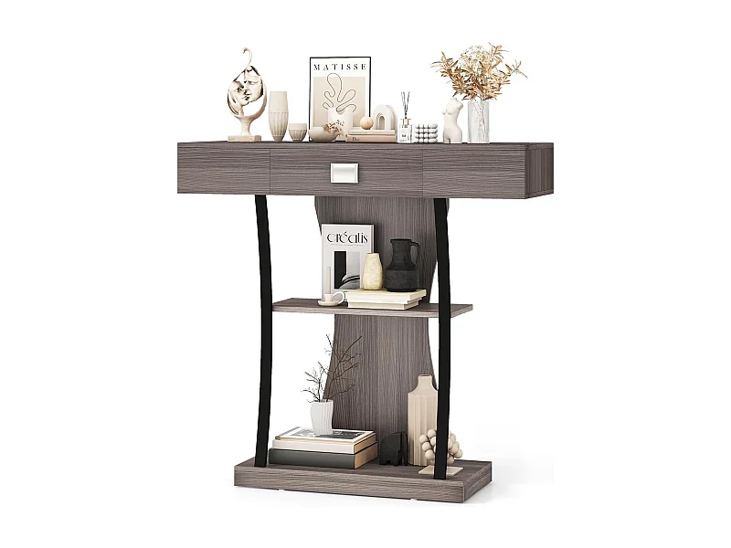 Table de console industrielle à 3 étagères avec tiroir, 91 x 30 x 88cm (Gris)