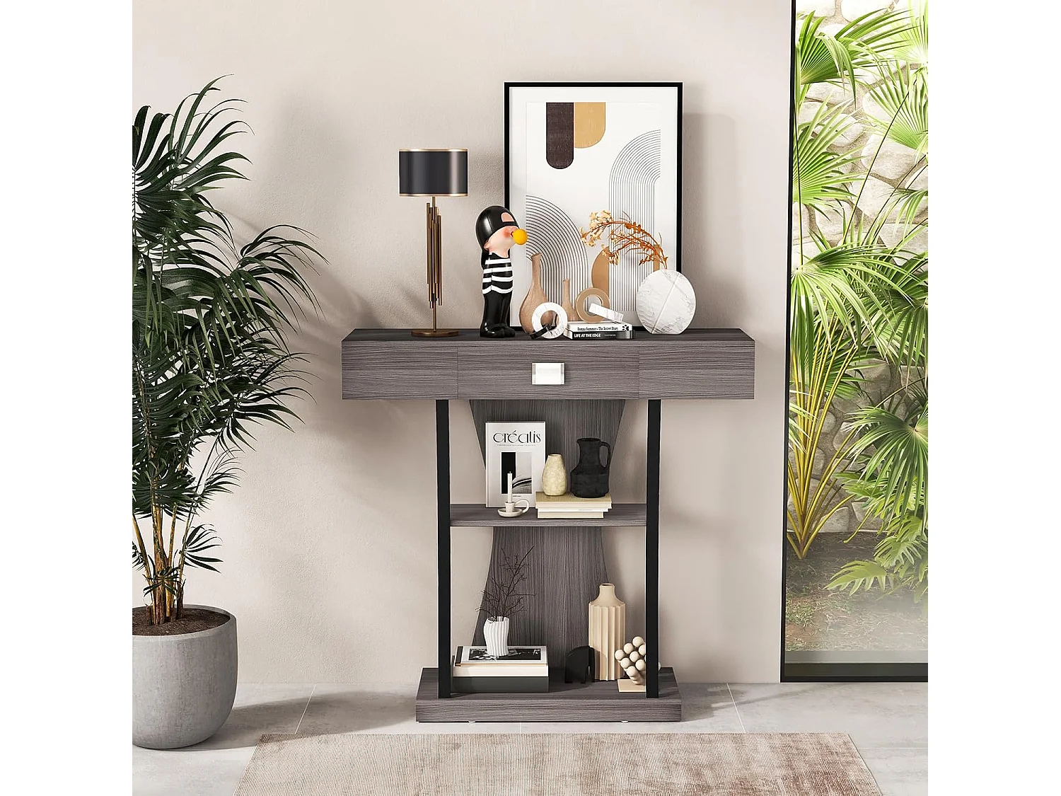 Industriële consoletafel met 3 planken en lade, 91 x 30 x 88 cm (grijs)