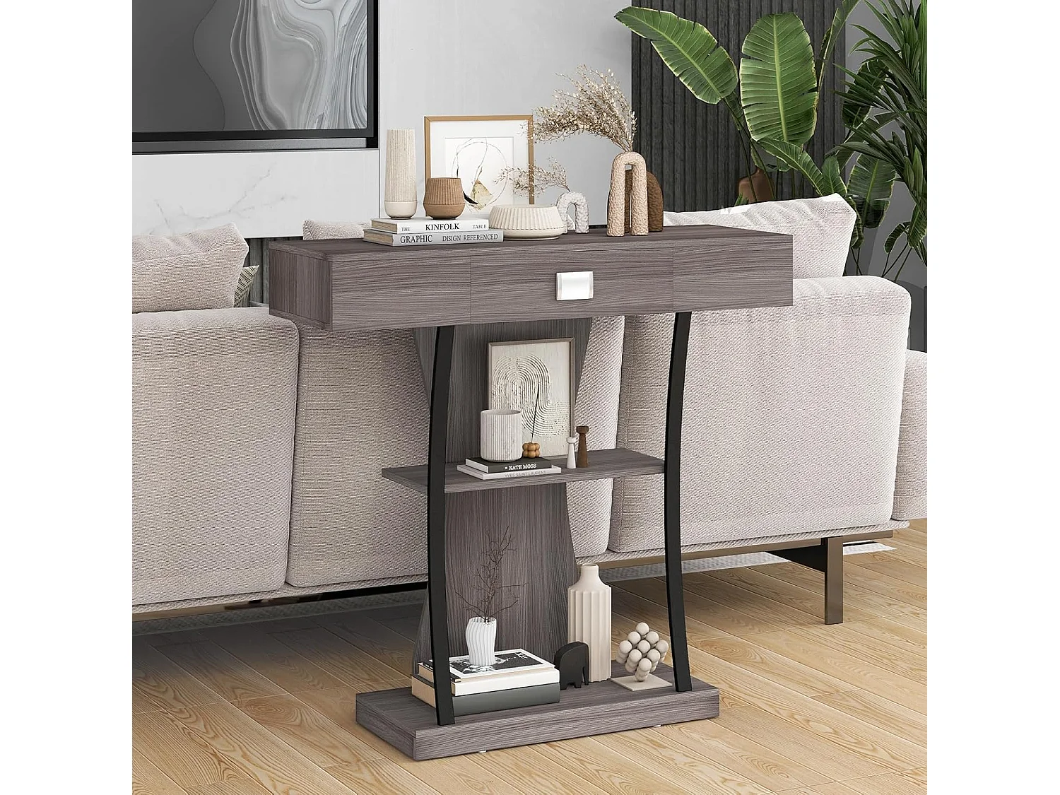 Industriële consoletafel met 3 planken en lade, 91 x 30 x 88 cm (grijs)