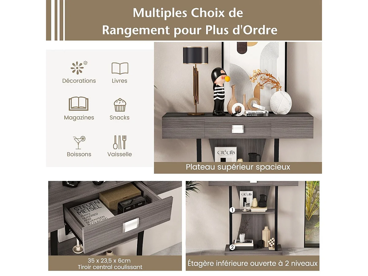 Industriële consoletafel met 3 planken en lade, 91 x 30 x 88 cm (grijs)