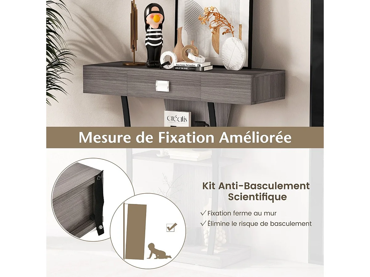 Industriële consoletafel met 3 planken en lade, 91 x 30 x 88 cm (grijs)