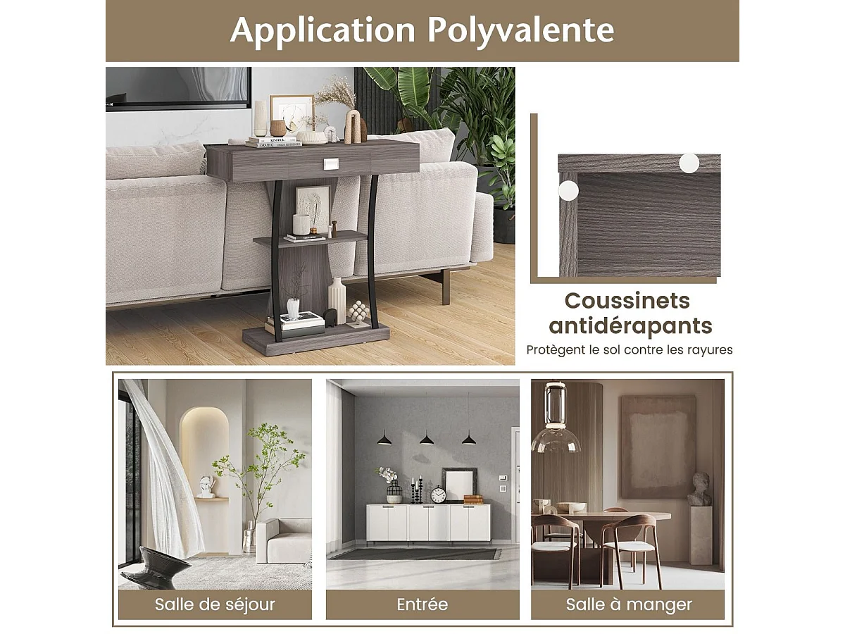 Industriële consoletafel met 3 planken en lade, 91 x 30 x 88 cm (grijs)