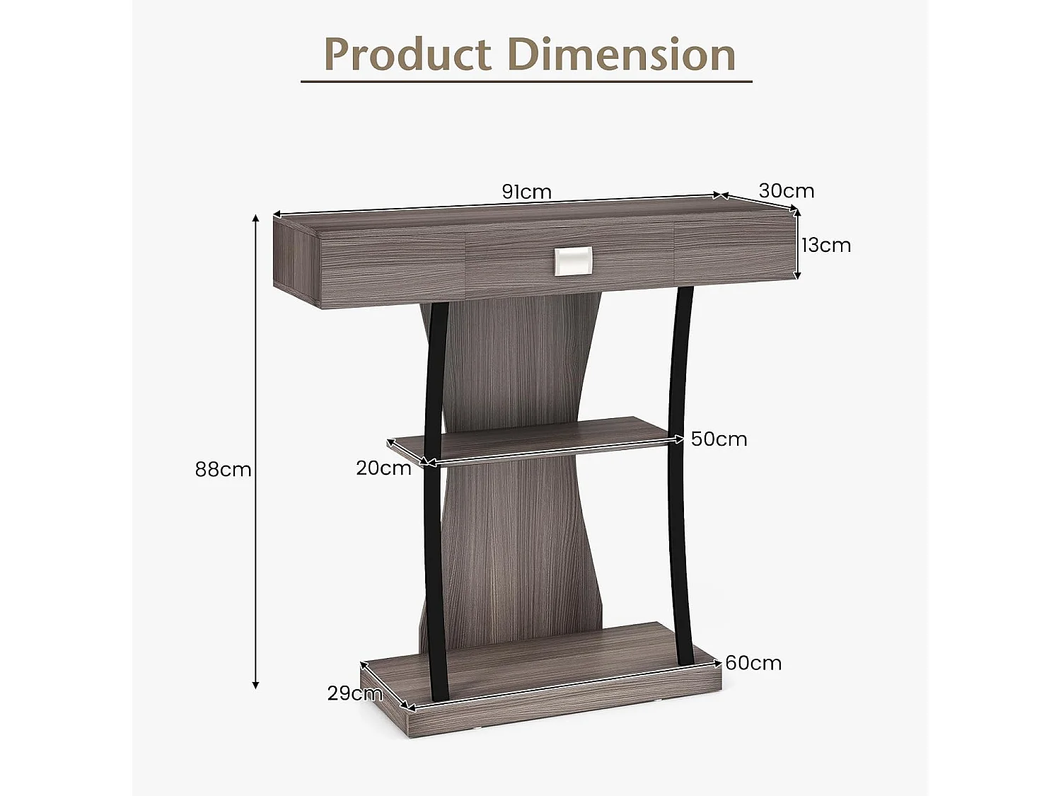 Industriële consoletafel met 3 planken en lade, 91 x 30 x 88 cm (grijs)