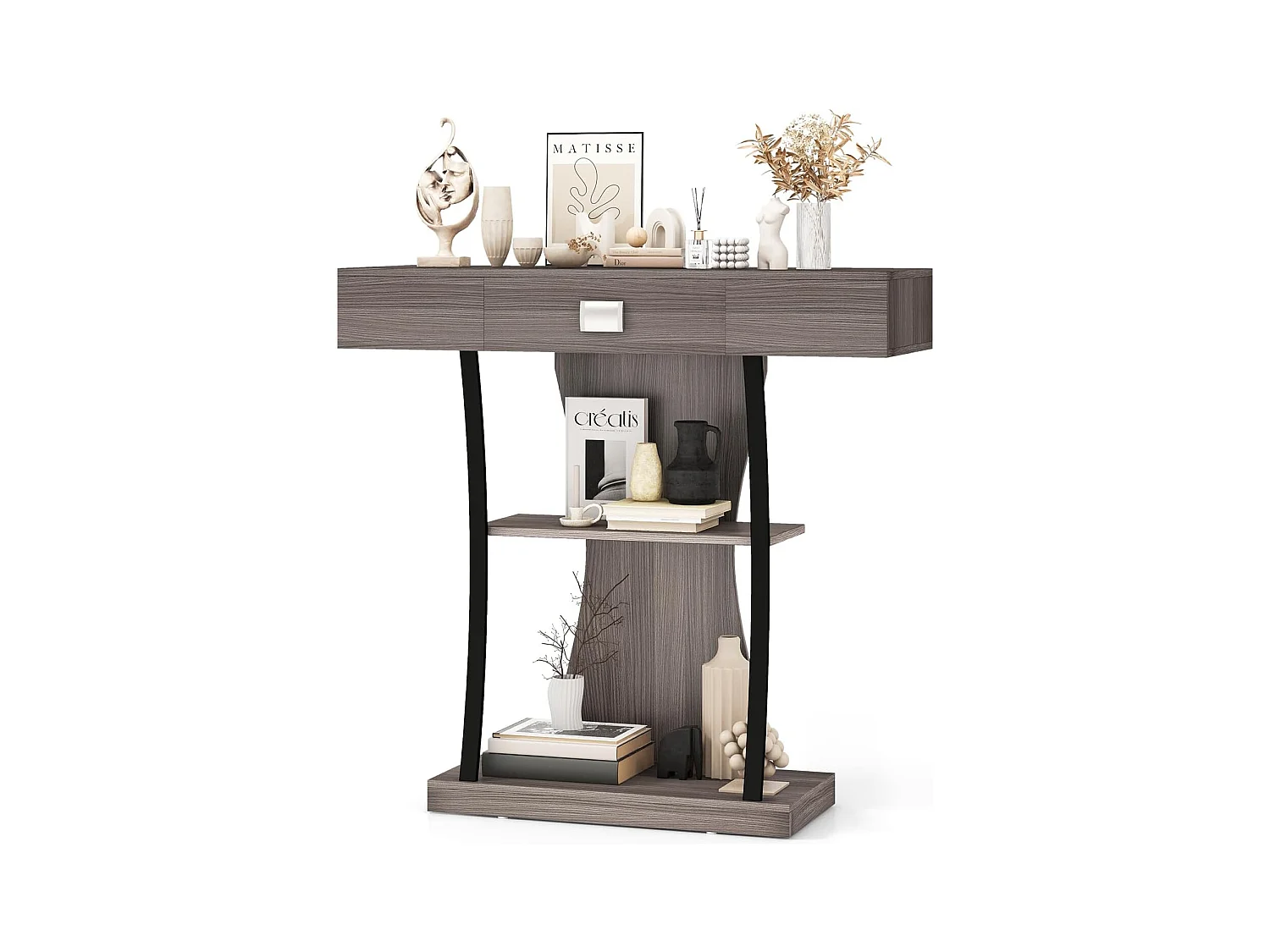 Table de console industrielle à 3 étagères avec tiroir, 91 x 30 x 88cm (Gris)