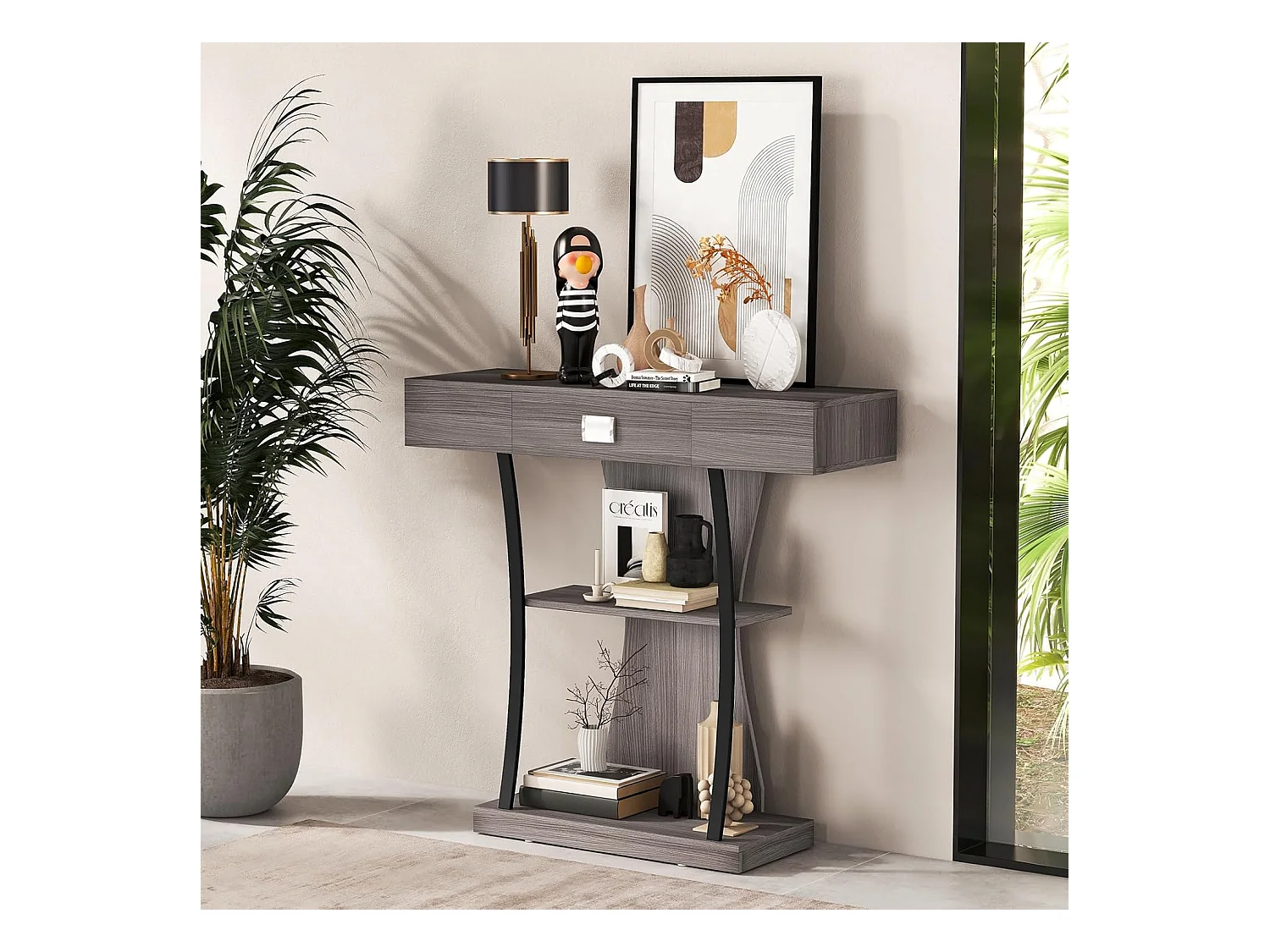 Table de console industrielle à 3 étagères avec tiroir, 91 x 30 x 88cm (Gris)